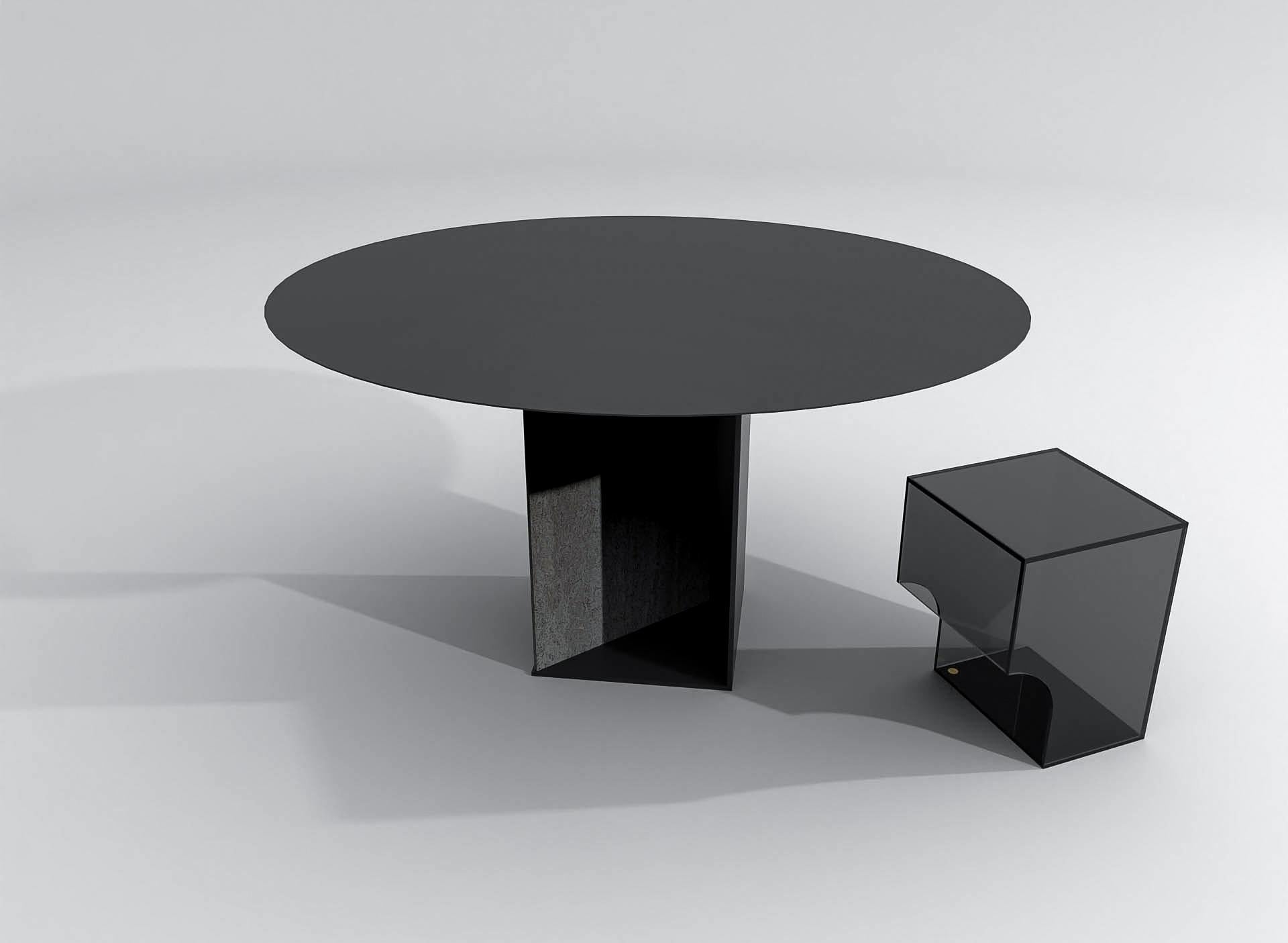 Minimalist Contemporary Round Table, Black Powdercoated Steel & Travertin, Barh Judd Table For Sale