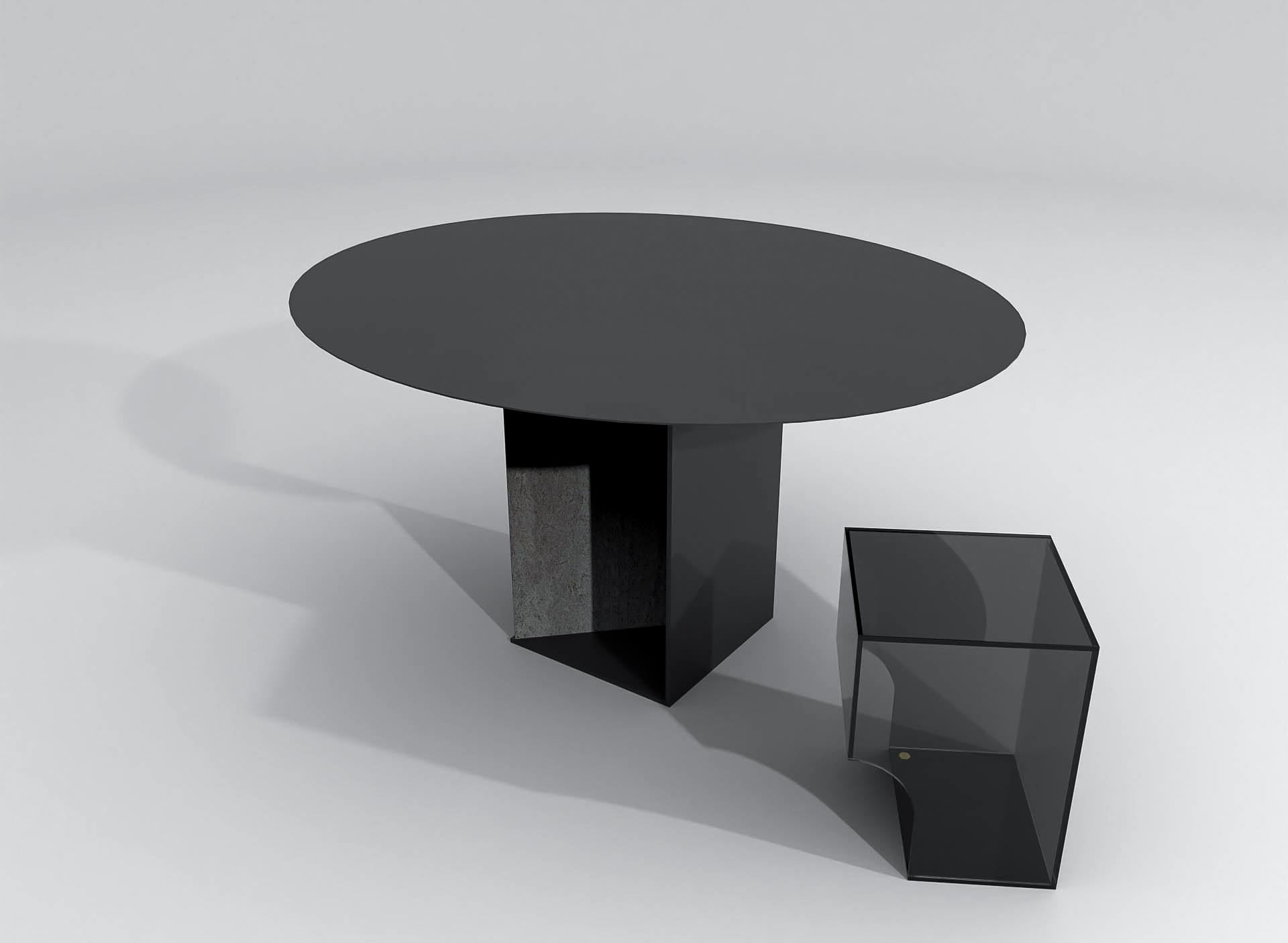 Zeitgenössischer runder Tisch, schwarz pulverbeschichteter Stahl und Travertin, Barh Judd (Minimalistisch) im Angebot