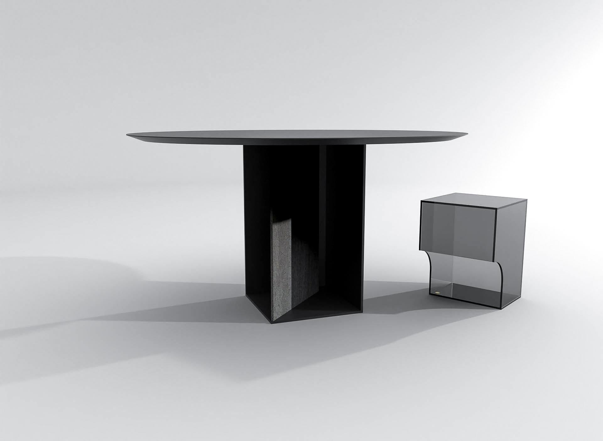 Zeitgenössischer runder Tisch, schwarz pulverbeschichteter Stahl und Travertin, Barh Judd (Belgisch) im Angebot