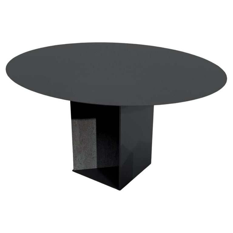 Contemporary Round Table, Black Powdercoated Steel and Travertin, Barh