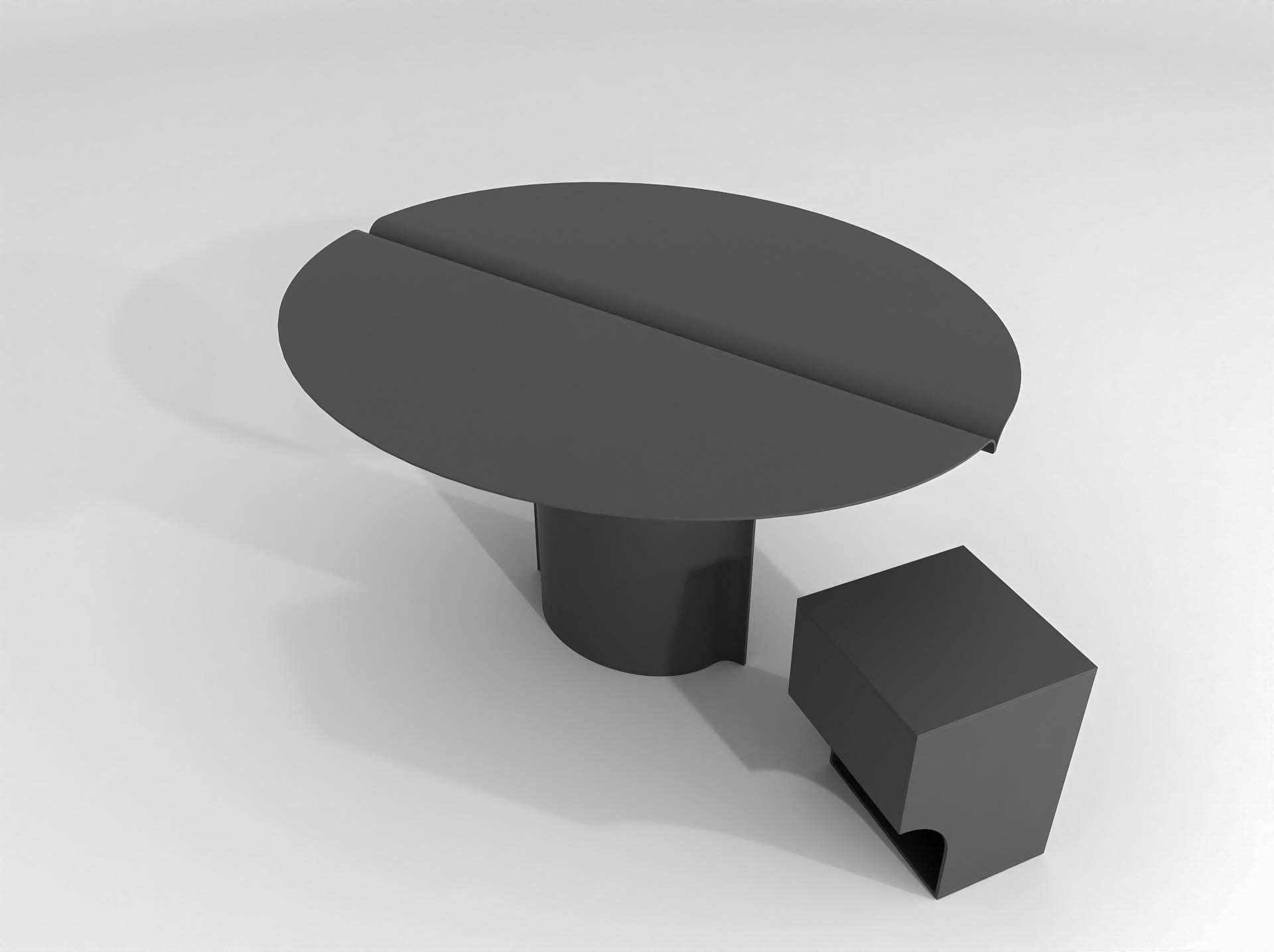 Belge Table ronde contemporaine en acier inoxydable poudré noir, table à miroir en vente