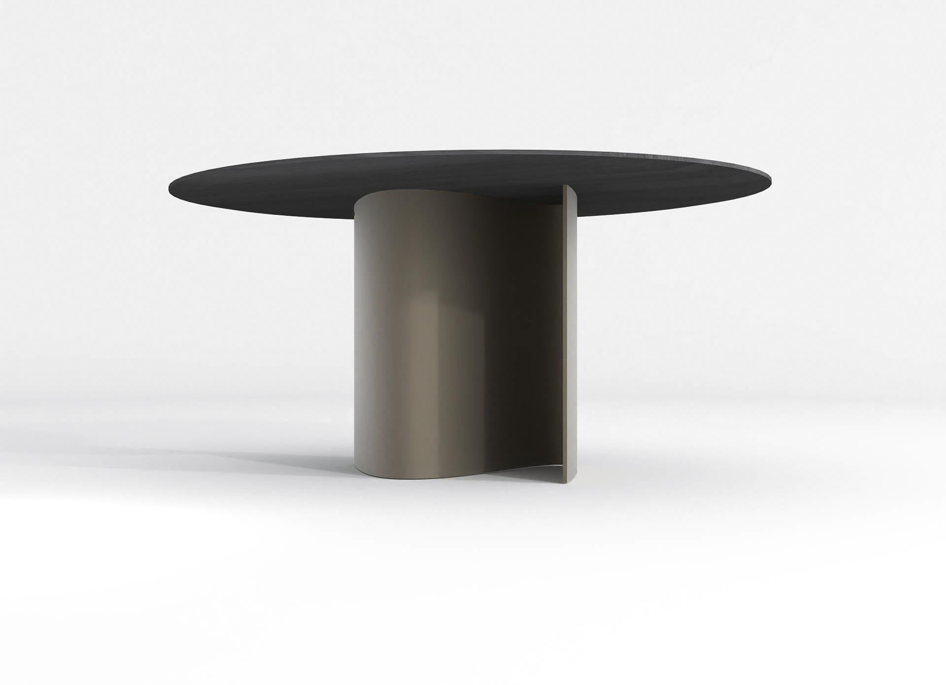 Belgian contemporary round table in black stained ash wood and bronze stainless steel For Sale