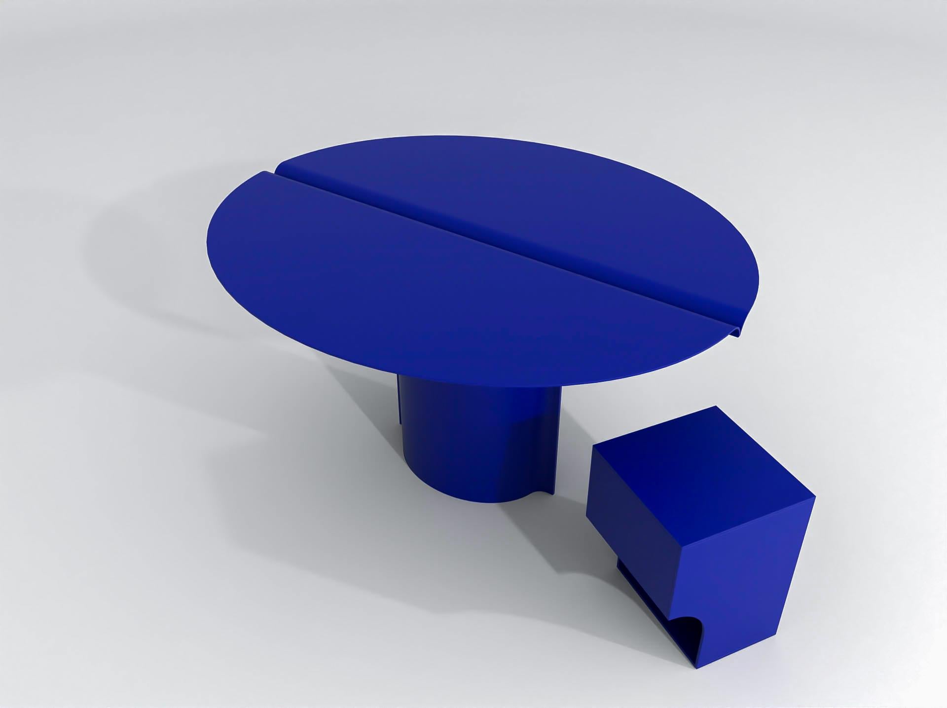 Belgian Contemporary Round Table in Blue Powdercoated Stainless Steel, Mirrored Table For Sale