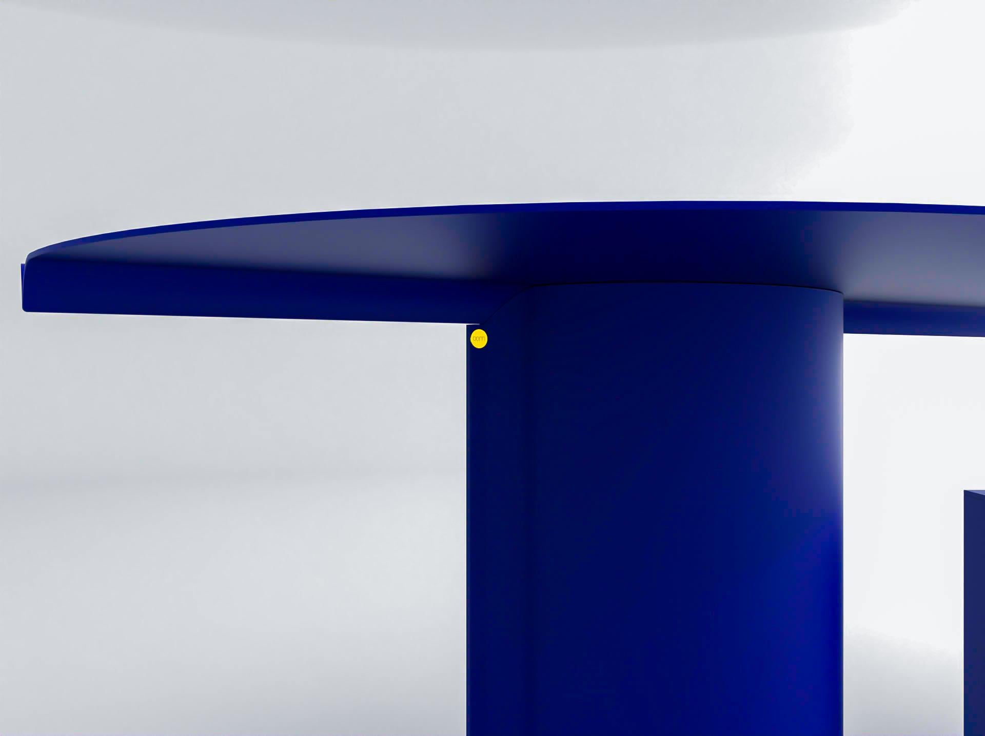 Powder-Coated Contemporary Round Table in Blue Powdercoated Stainless Steel, Mirrored Table For Sale