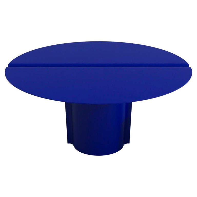 Contemporary Round Table in Blue Powdercoated Stainless Steel, Mirrored Table For Sale at 1stDibs