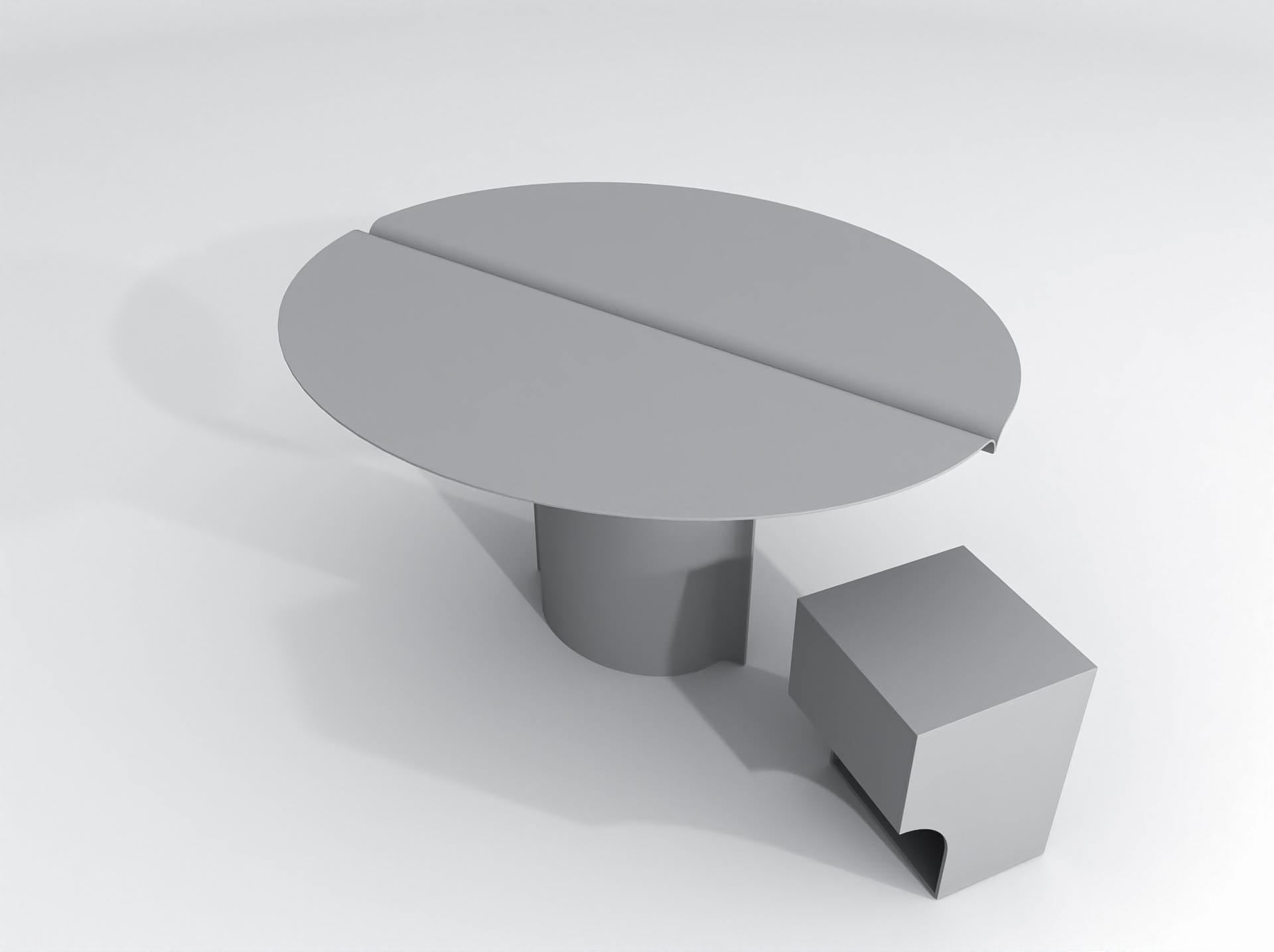 Belge Table ronde contemporaine en acier inoxydable poudré gris, table à miroir en vente