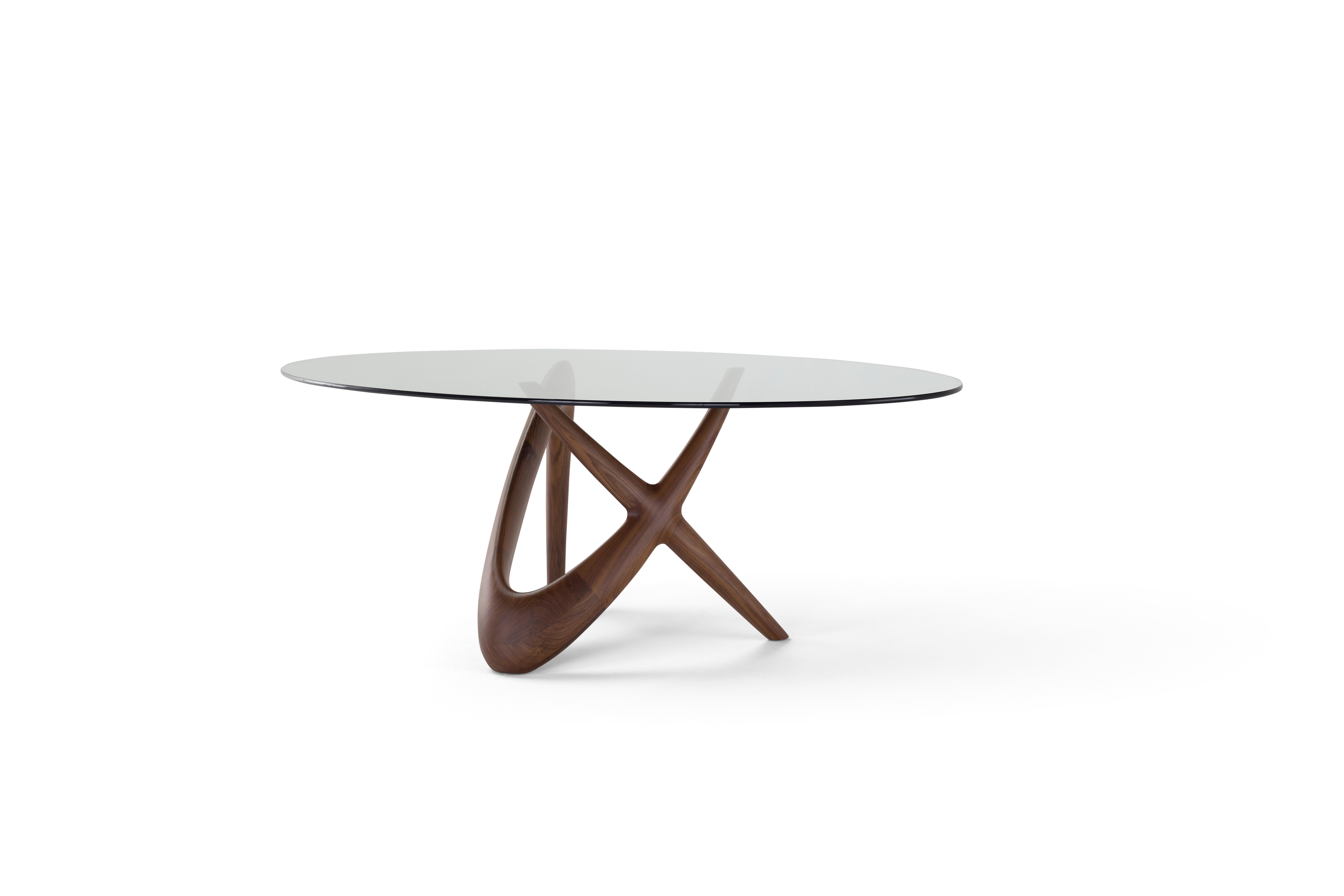Italian Contemporary Round Table 'Nx', Wooden Base and Glass Top For Sale
