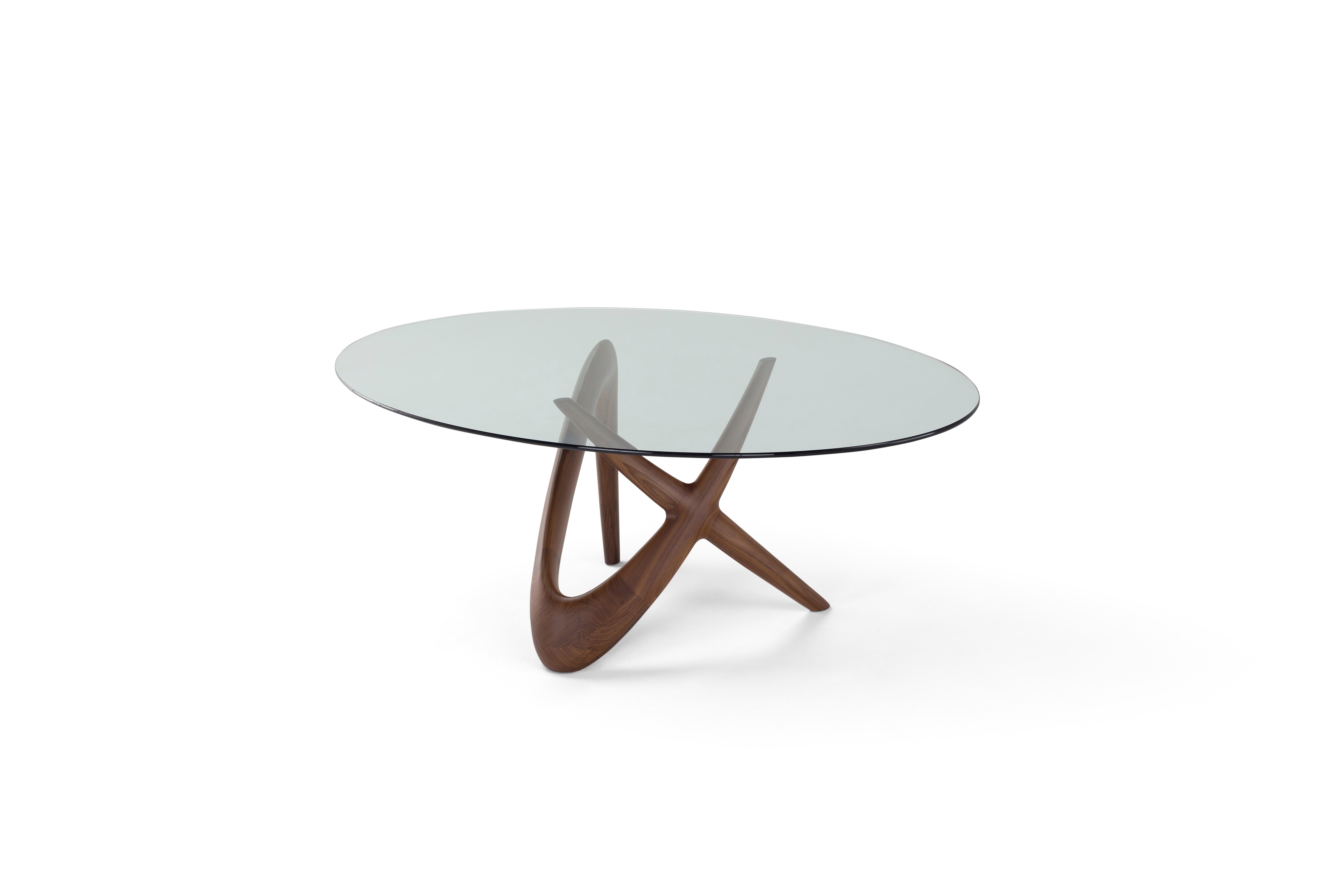 Contemporary Round Table 'Nx', Wooden Base and Glass Top In New Condition For Sale In Paris, FR