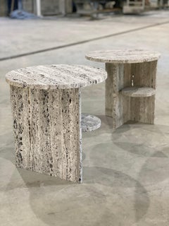 Contemporary round side table, travertine, Belgian design