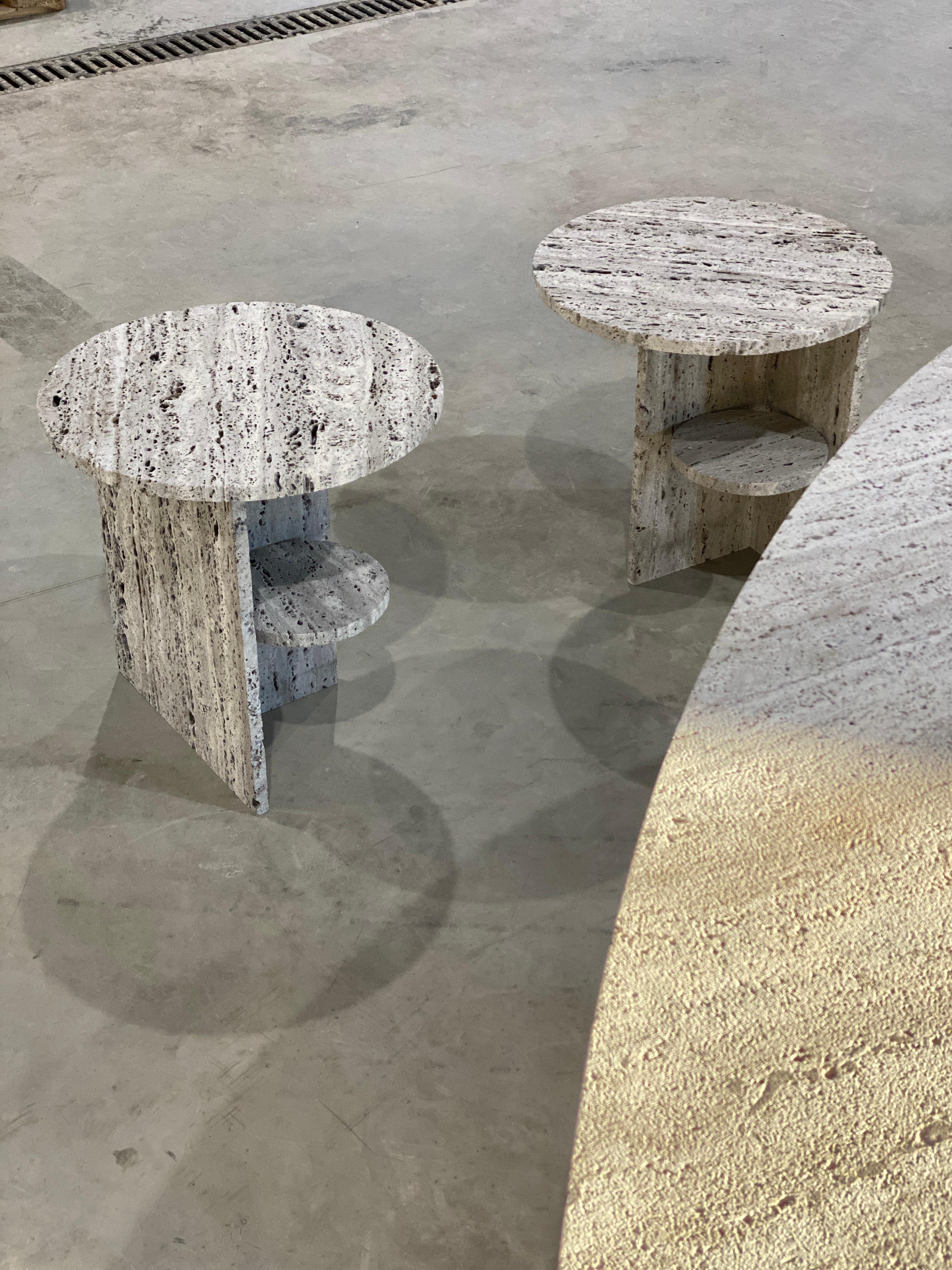 Sandblasted Contemporary round side table, travertine, Belgian design For Sale