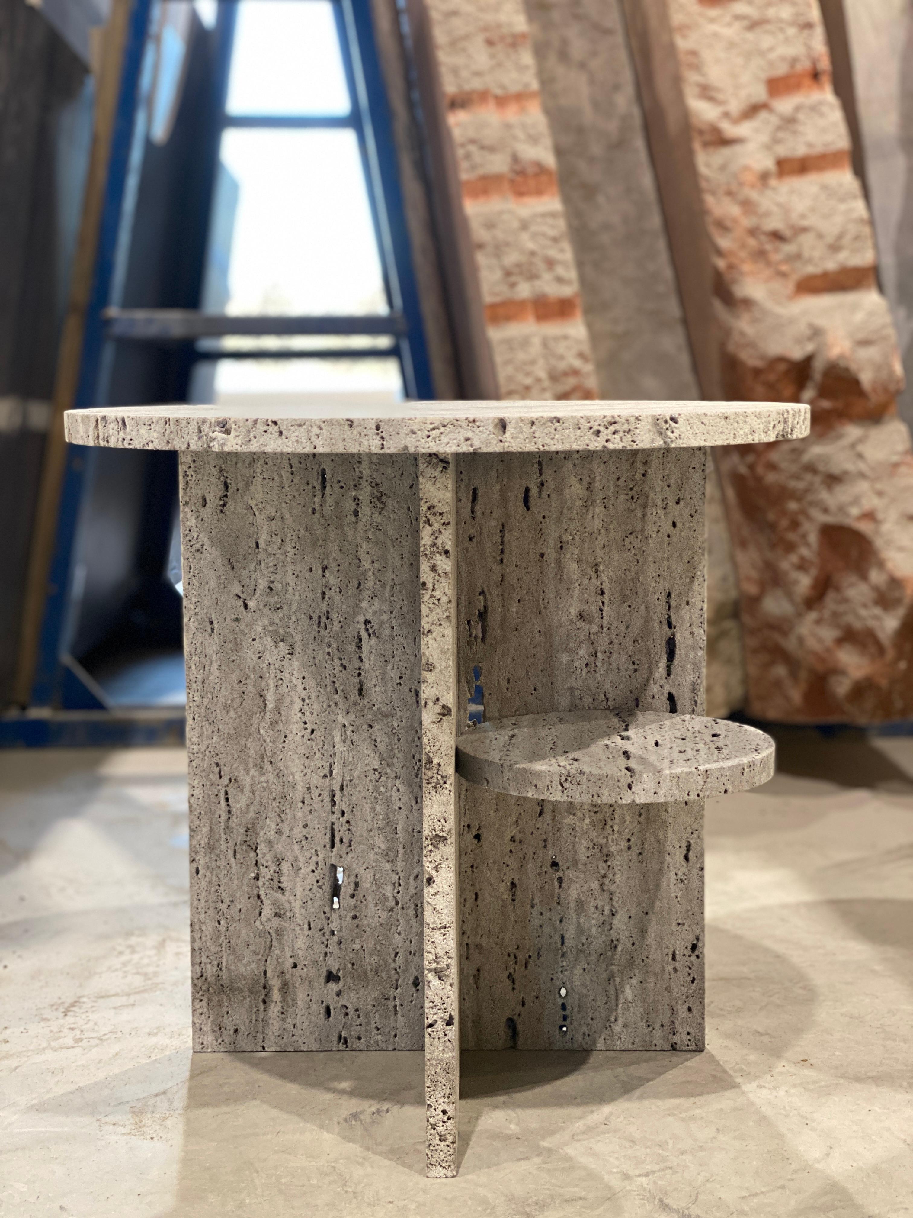 Contemporary round side table, travertine, Belgian design For Sale 3