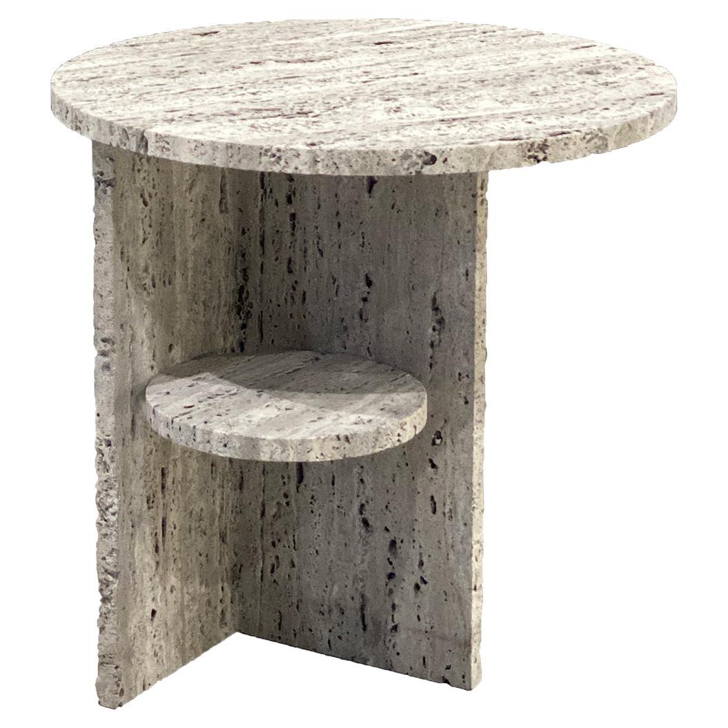 Contemporary round side table, travertine, Belgian design For Sale