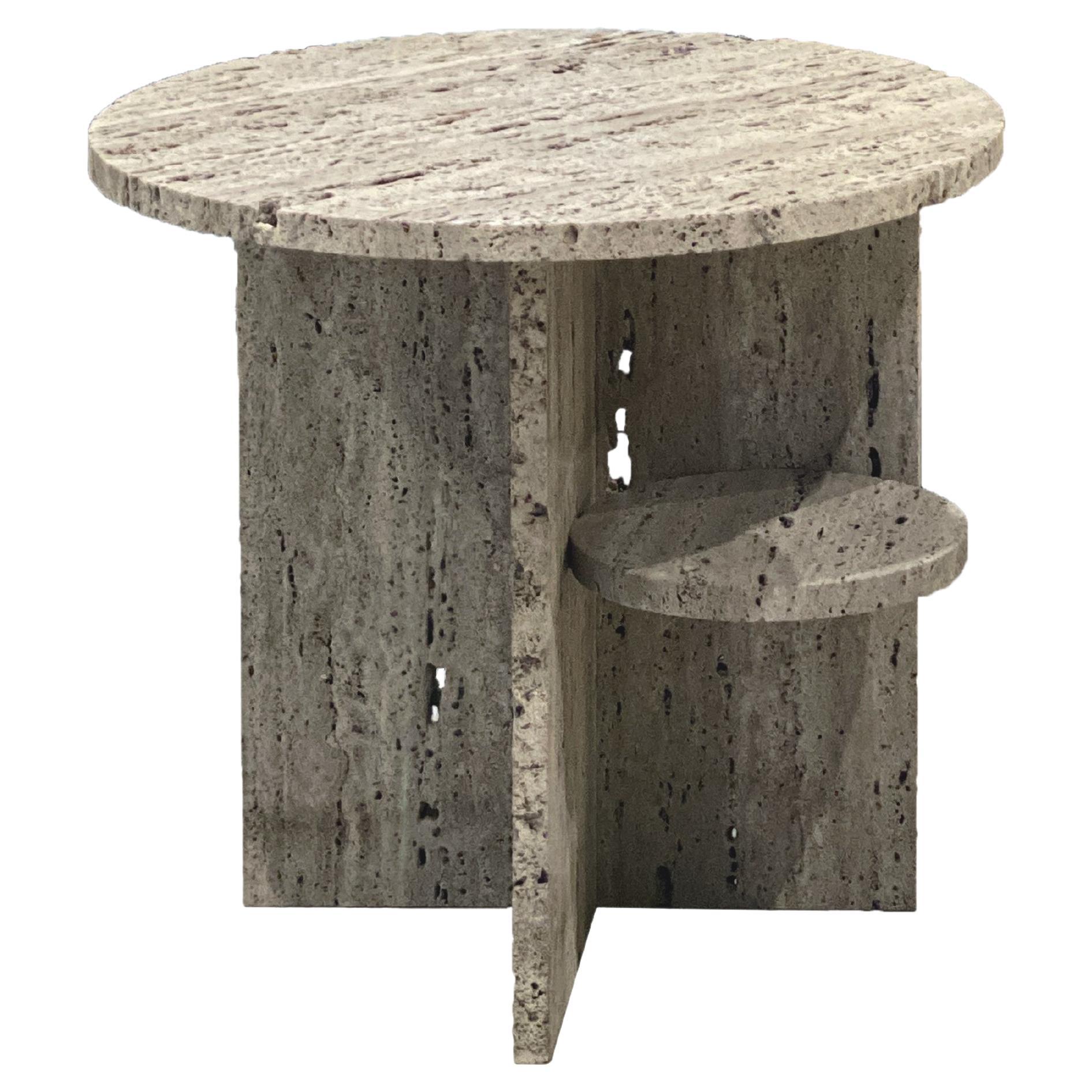 Contemporary refined round side table, travertine, Belgian design For Sale