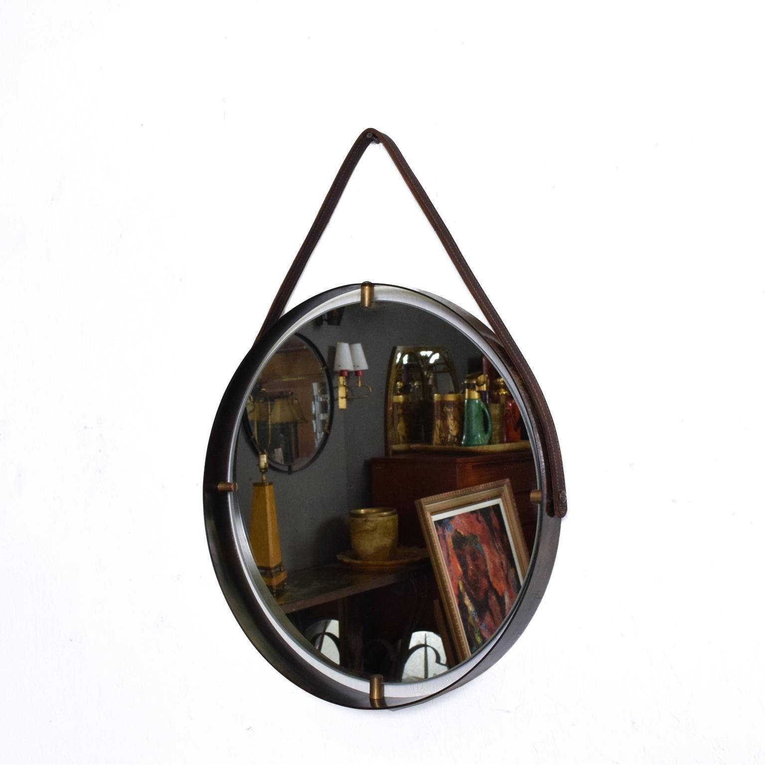 American Contemporary Round Wall Mirror in Brass and Leather, Adnet Style