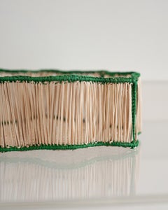 Contemporary Round Wavy Woven Rattan Bowl / Basket in Green