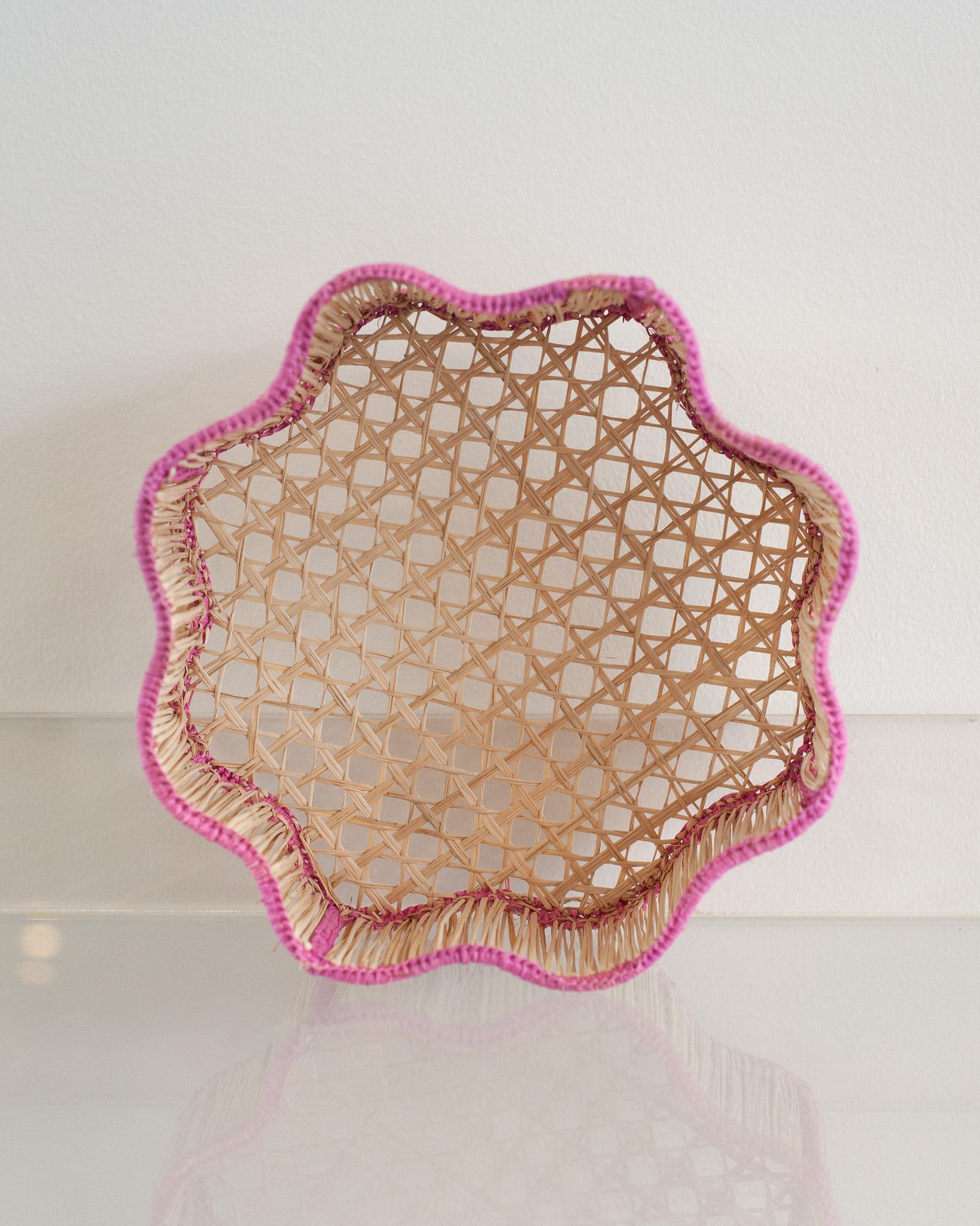 Colombian Contemporary Round Wavy Woven Rattan Bowl / Basket in Pink For Sale
