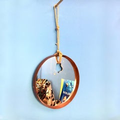 Contemporary Round Wood Mirror with Shotgun Bullet Hole and Passing Rope