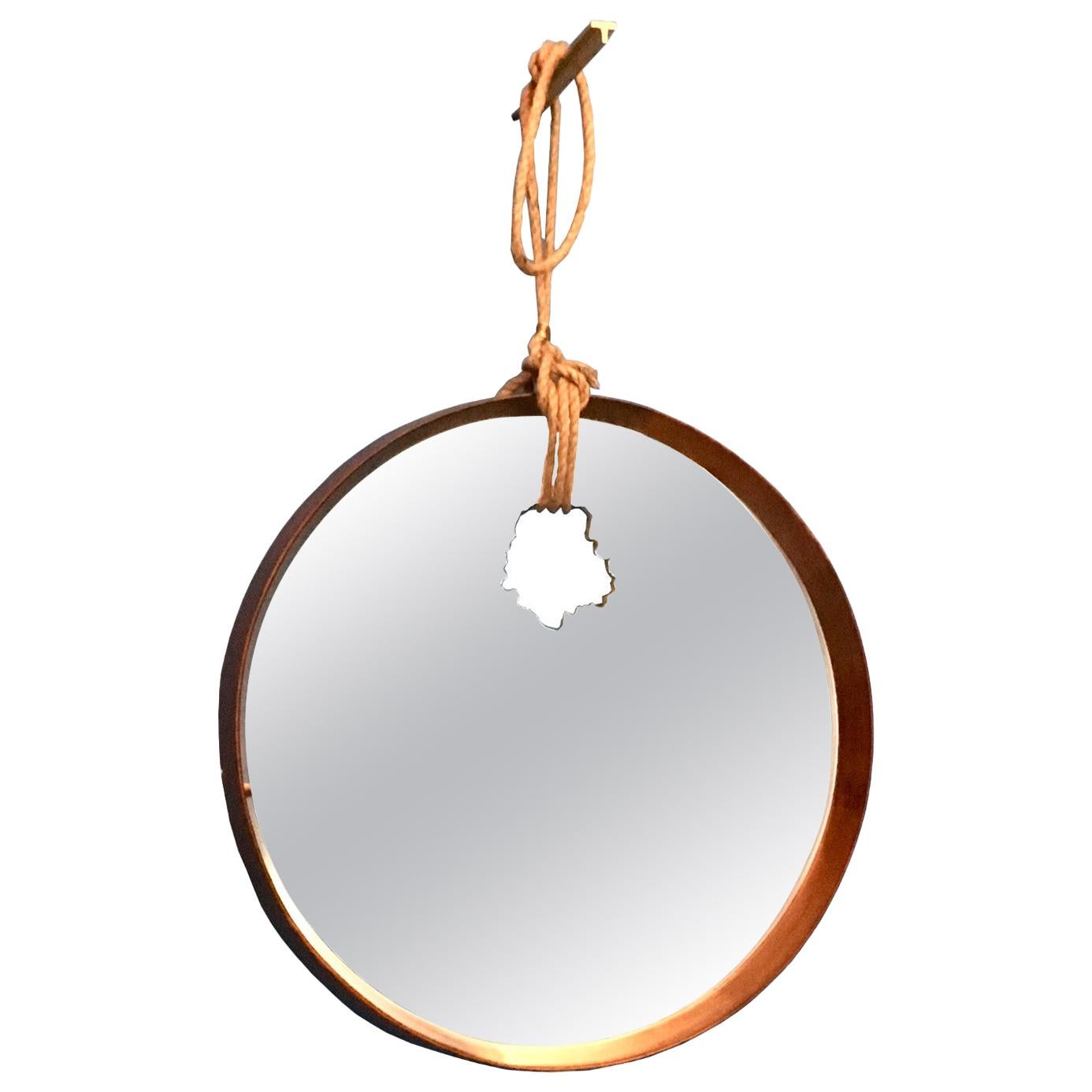 Contemporary Round Wood Mirror with Shotgun Bullet Hole and Passing Rope For Sale
