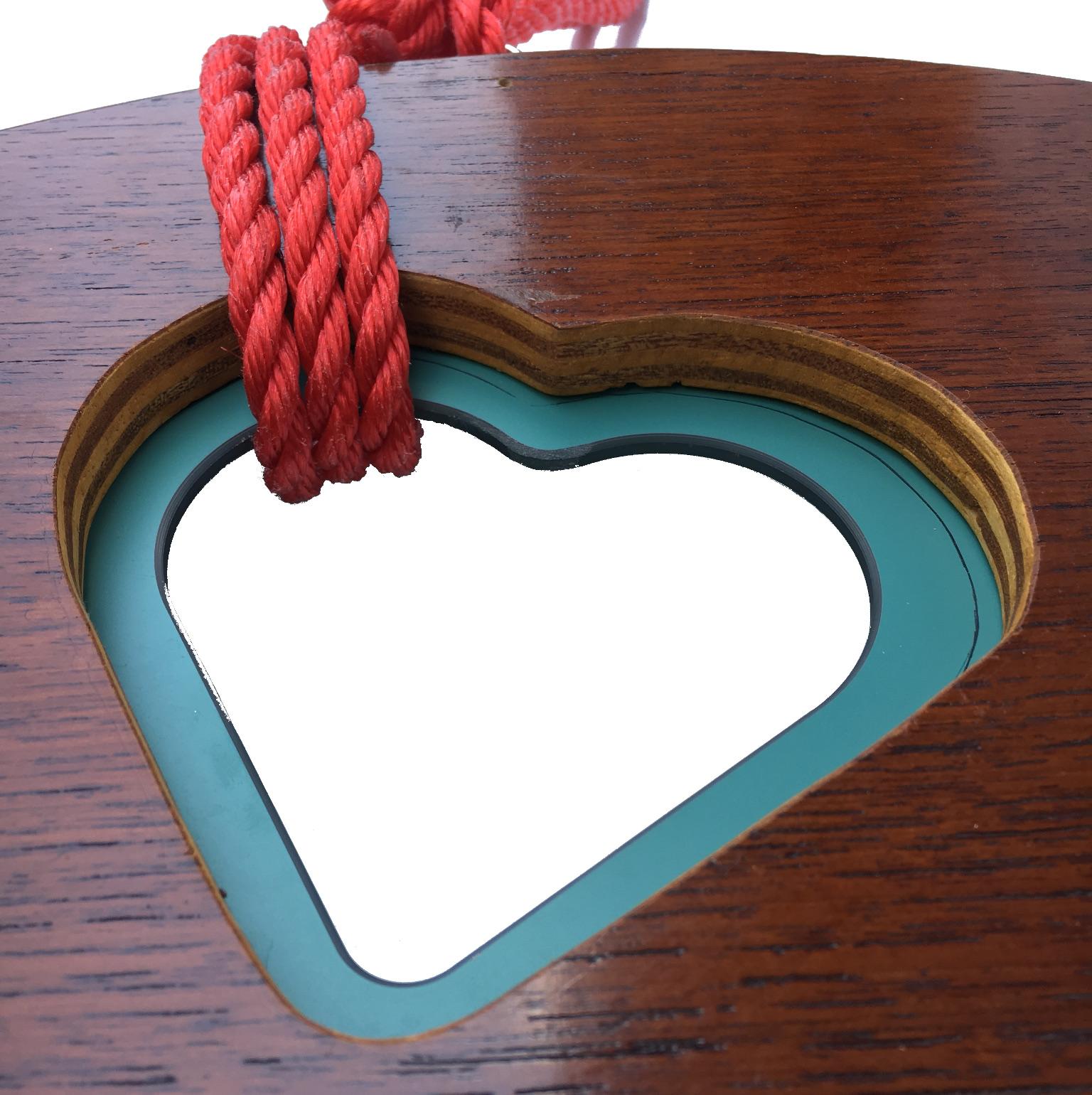 Italian Contemporary Round Wood Wall Mirror with Heart Shaped Hole and Passing Rope For Sale