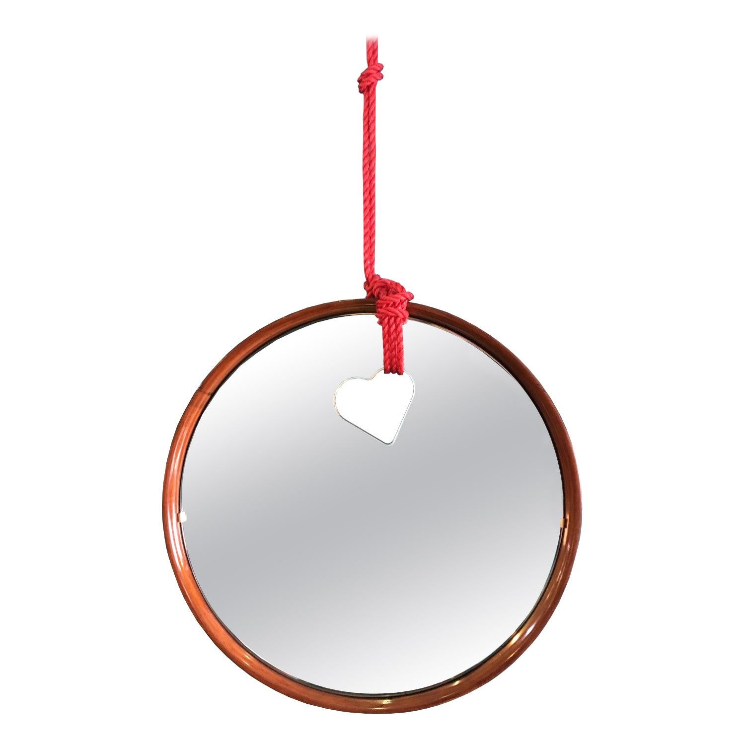 Contemporary Round Wood Wall Mirror with Heart Shaped Hole and Passing Rope For Sale