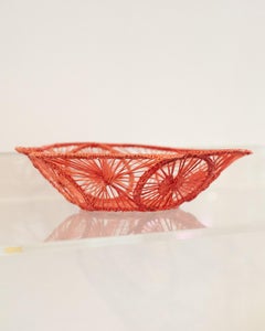 Contemporary Round Woven Rattan Bowl / Basket in Coral