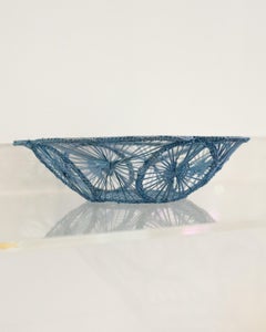 Contemporary Round Woven Rattan Bowl / Basket in Sky Blue