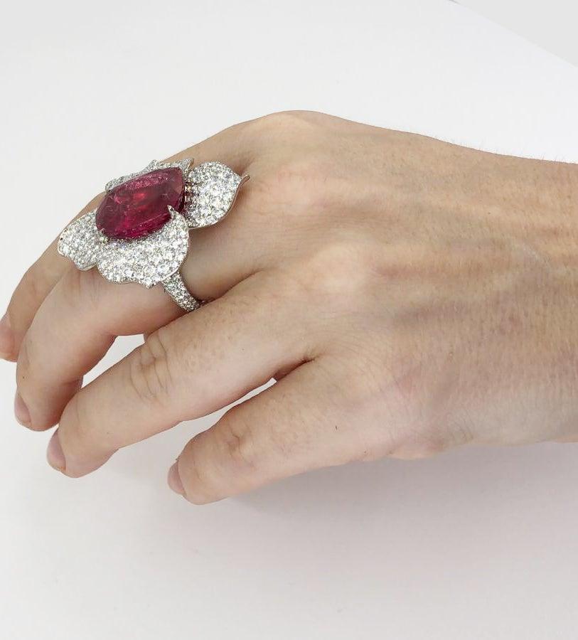 For Sale:  Contemporary Rubellite Tourmaline Diamond Platinum Flower Ring 4