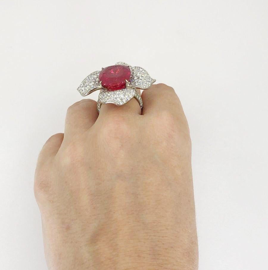 For Sale:  Contemporary Rubellite Tourmaline Diamond Platinum Flower Ring 5