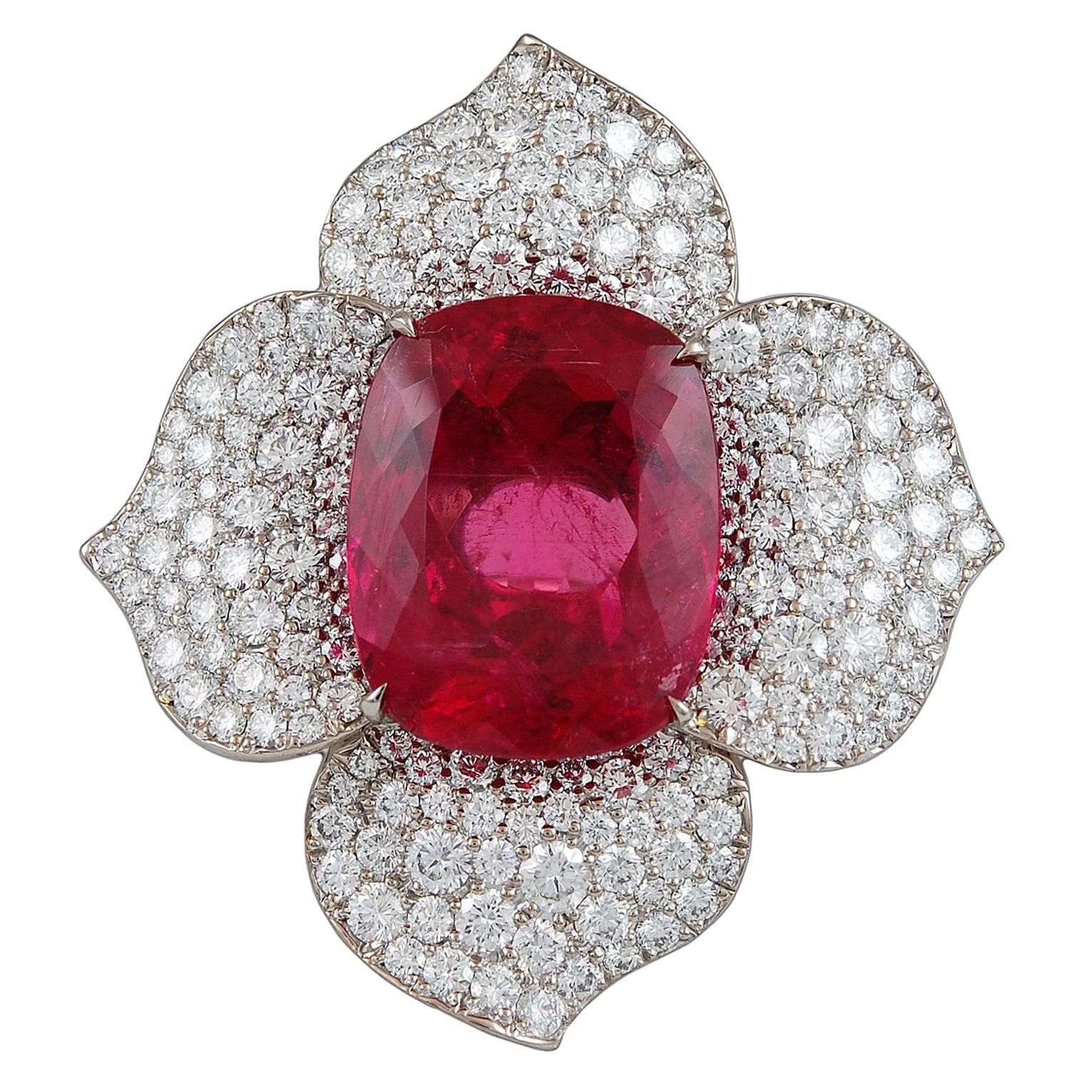 For Sale:  Contemporary Rubellite Tourmaline Diamond Platinum Flower Ring