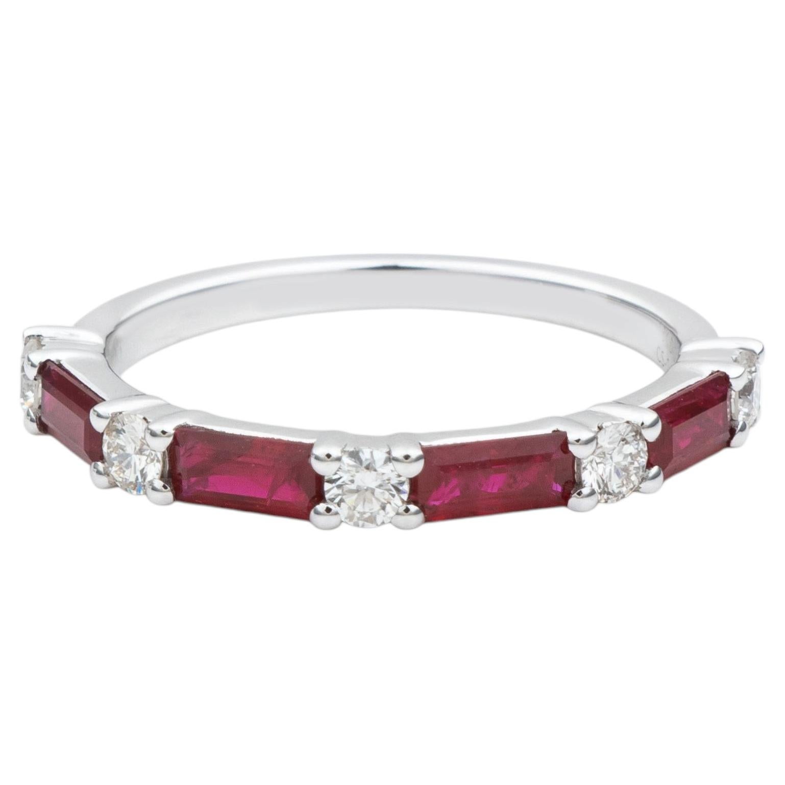 Contemporary Ruby and Diamond Alternating Baguette Wedding Band in White Gold