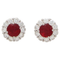 Contemporary Ruby and Diamond Cluster Earrings in 18k White Gold
