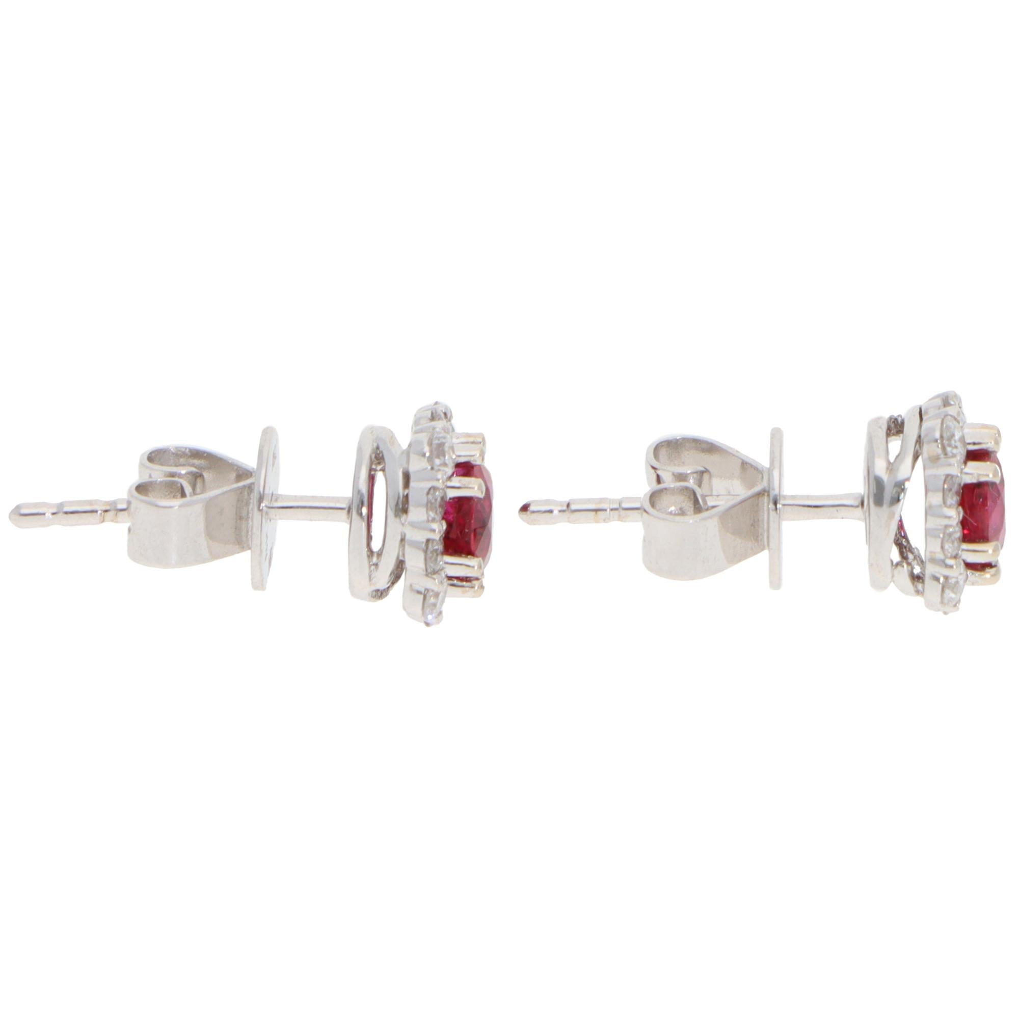 Modern Contemporary Ruby and Diamond Cluster Earrings in White Gold For Sale
