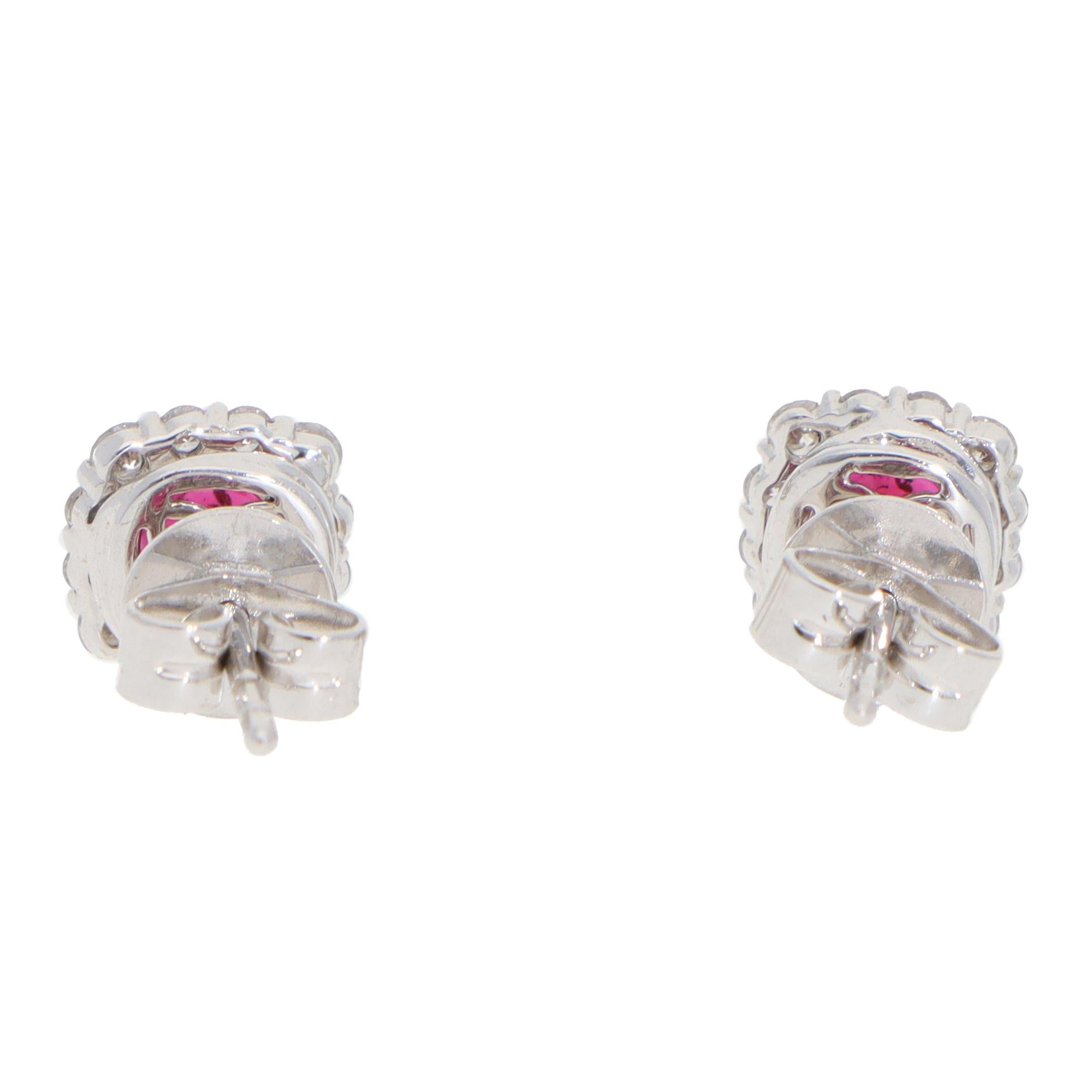 Brilliant Cut Contemporary Ruby and Diamond Cluster Earrings in White Gold For Sale
