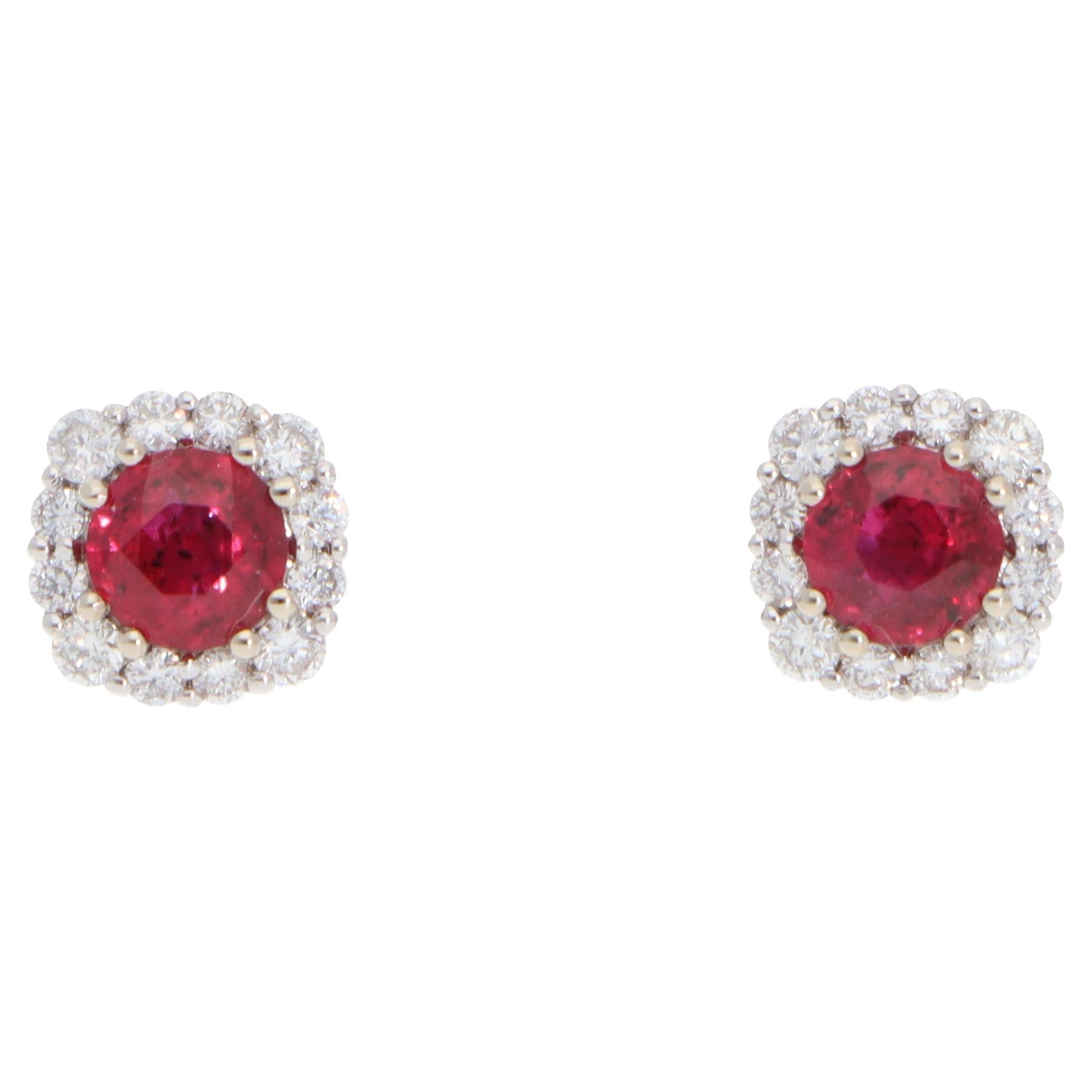 Contemporary Ruby and Diamond Cluster Earrings in White Gold