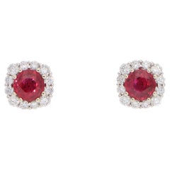 Contemporary Ruby and Diamond Cluster Earrings in White Gold