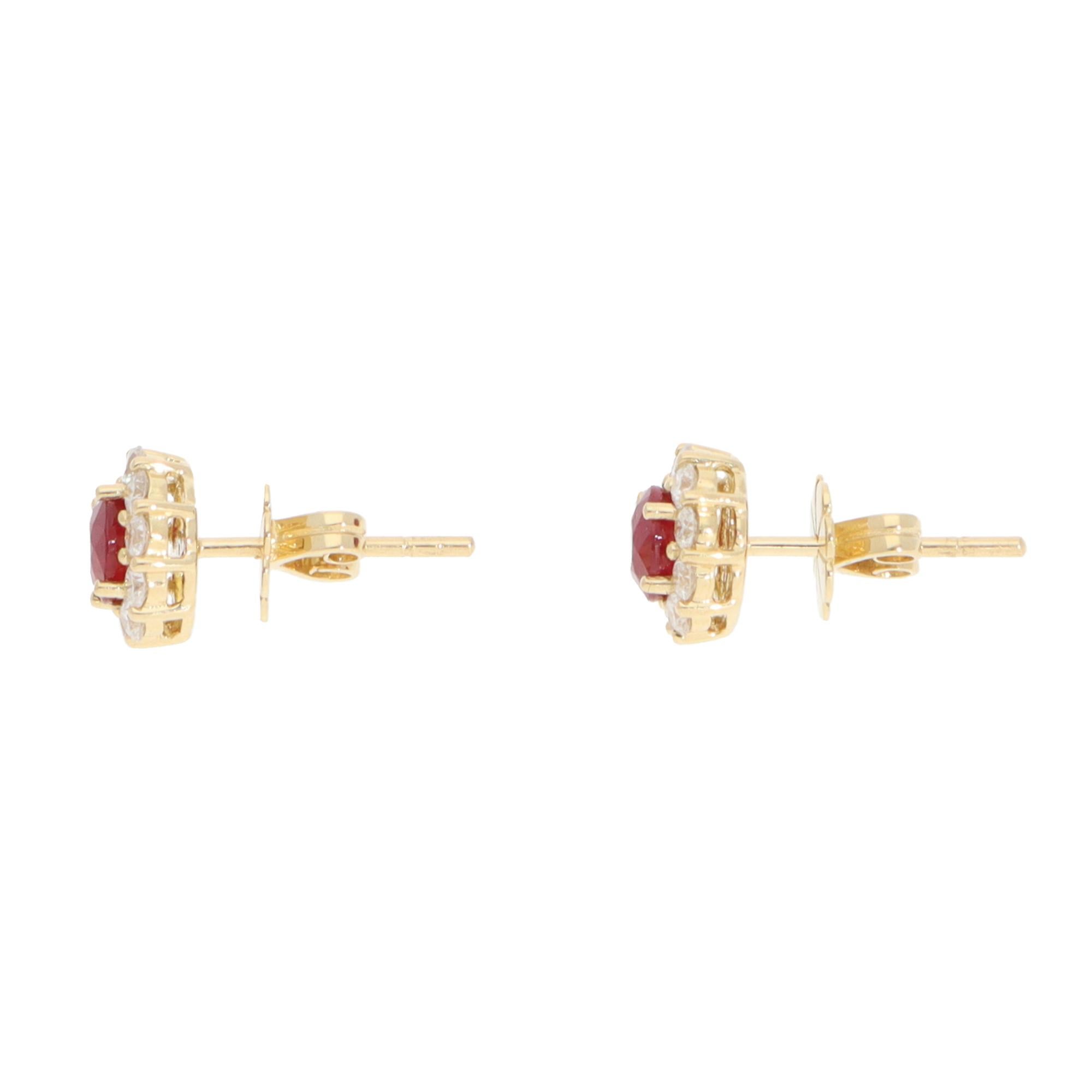 Brilliant Cut Contemporary Ruby and Diamond Cluster Earrings in Yellow Gold For Sale