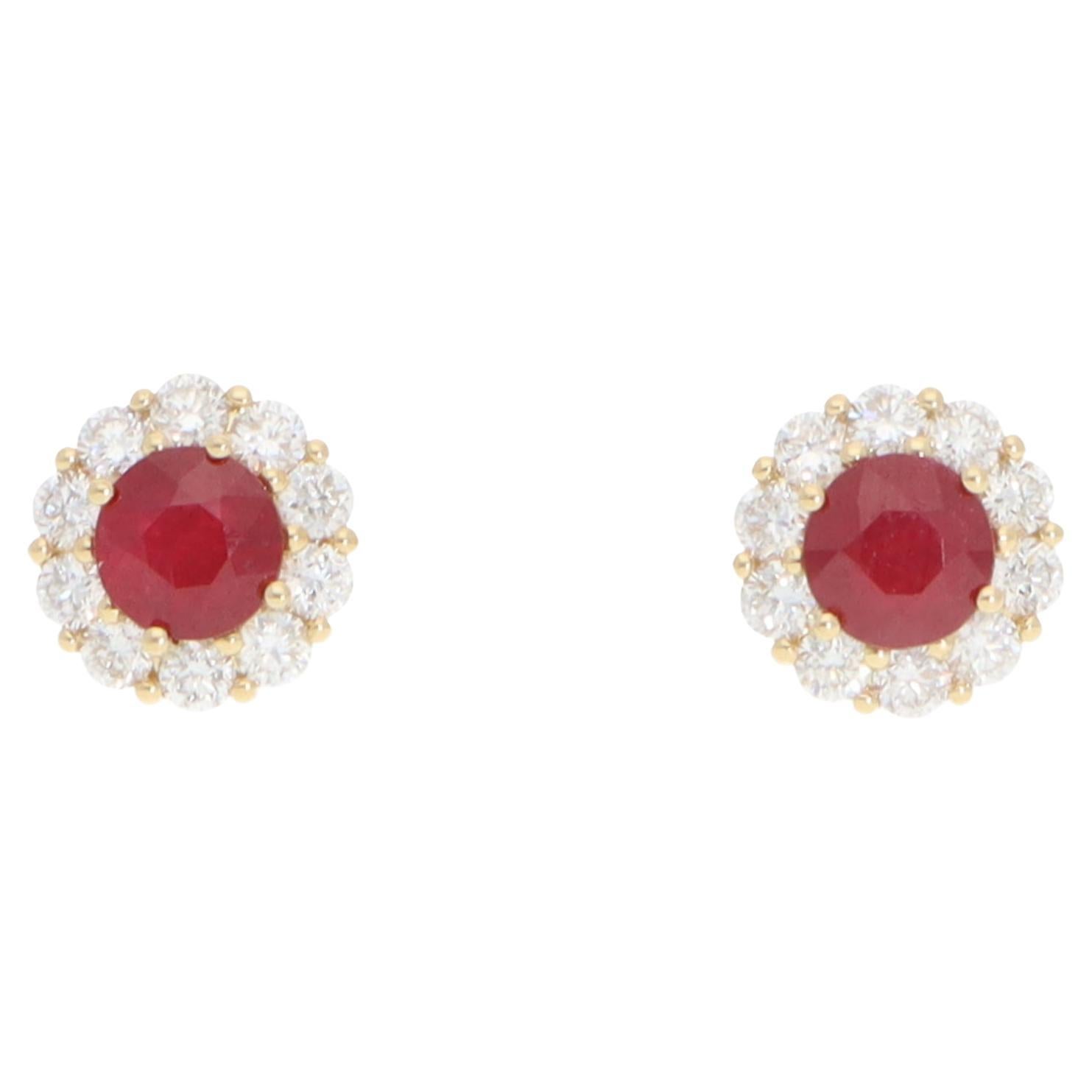 Contemporary Ruby and Diamond Cluster Earrings in Yellow Gold