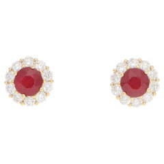 Contemporary Ruby and Diamond Cluster Earrings in Yellow Gold