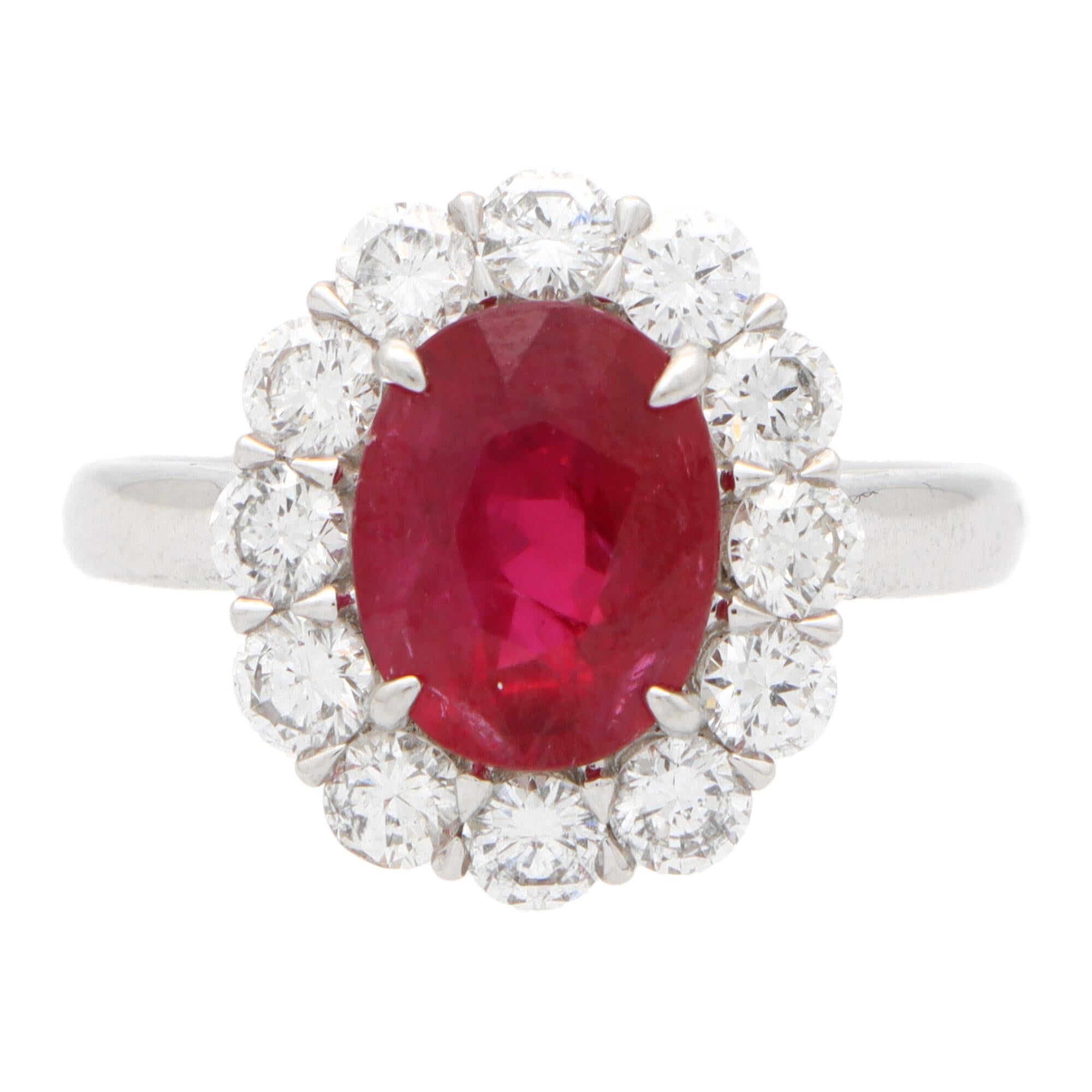 Contemporary Ruby and Diamond Cluster Engagement Ring Set in Platinum For Sale