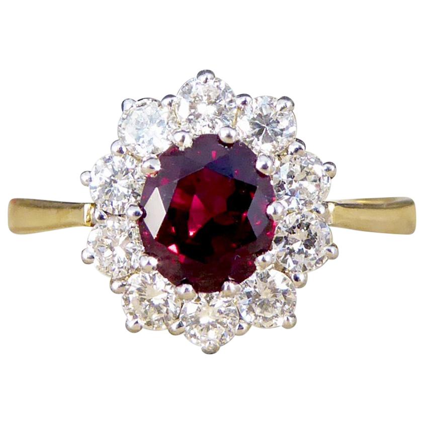 Contemporary Ruby and Diamond Cluster Ring in 18 Carat Gold