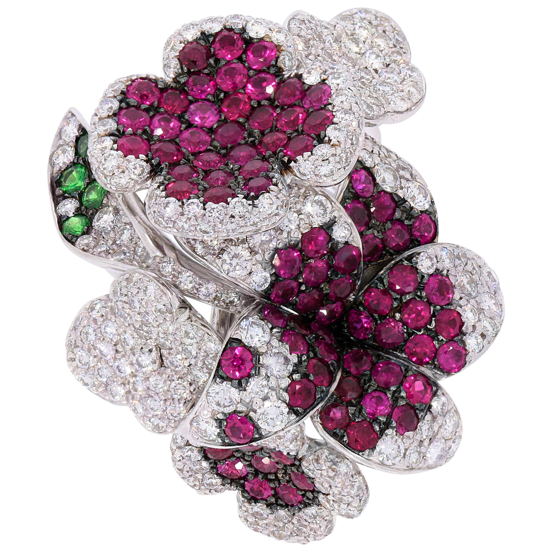 Rosior one-off Ruby and Diamond "Flower" Cocktail Ring set in White Gold
