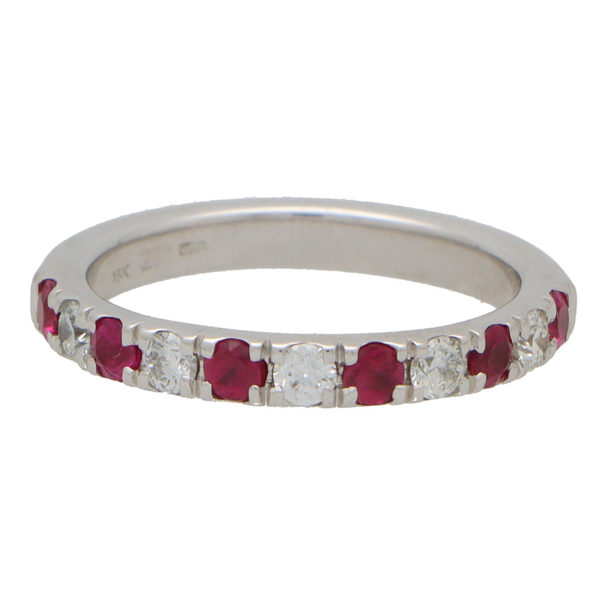 Round Cut Contemporary Ruby and Diamond Half Eternity Band Ring in 18k White Gold For Sale