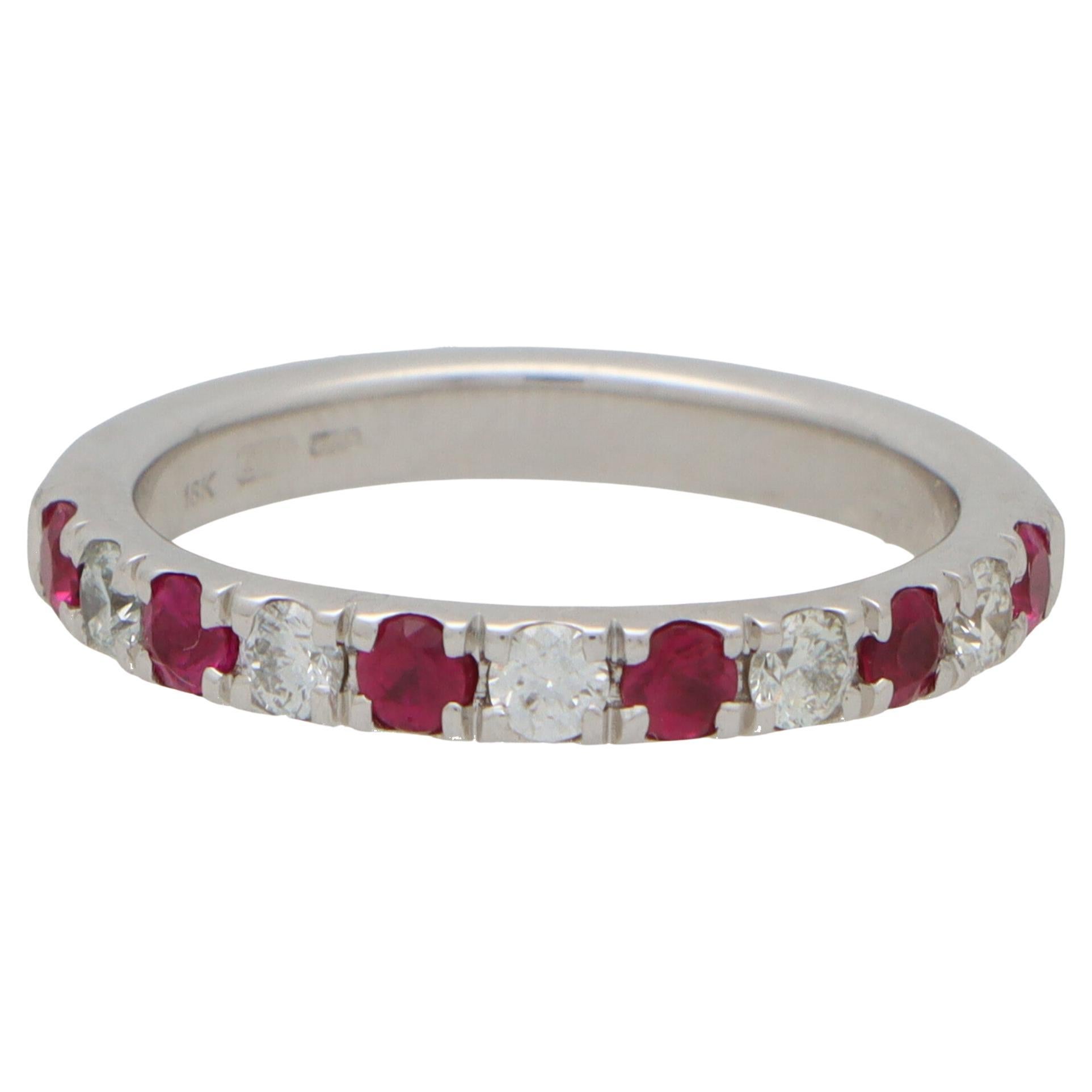 Contemporary Ruby and Diamond Half Eternity Band Ring in 18k White Gold