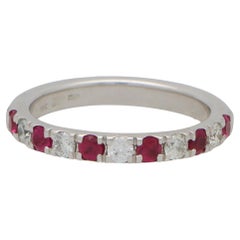 Contemporary Ruby and Diamond Half Eternity Band Ring in 18k White Gold