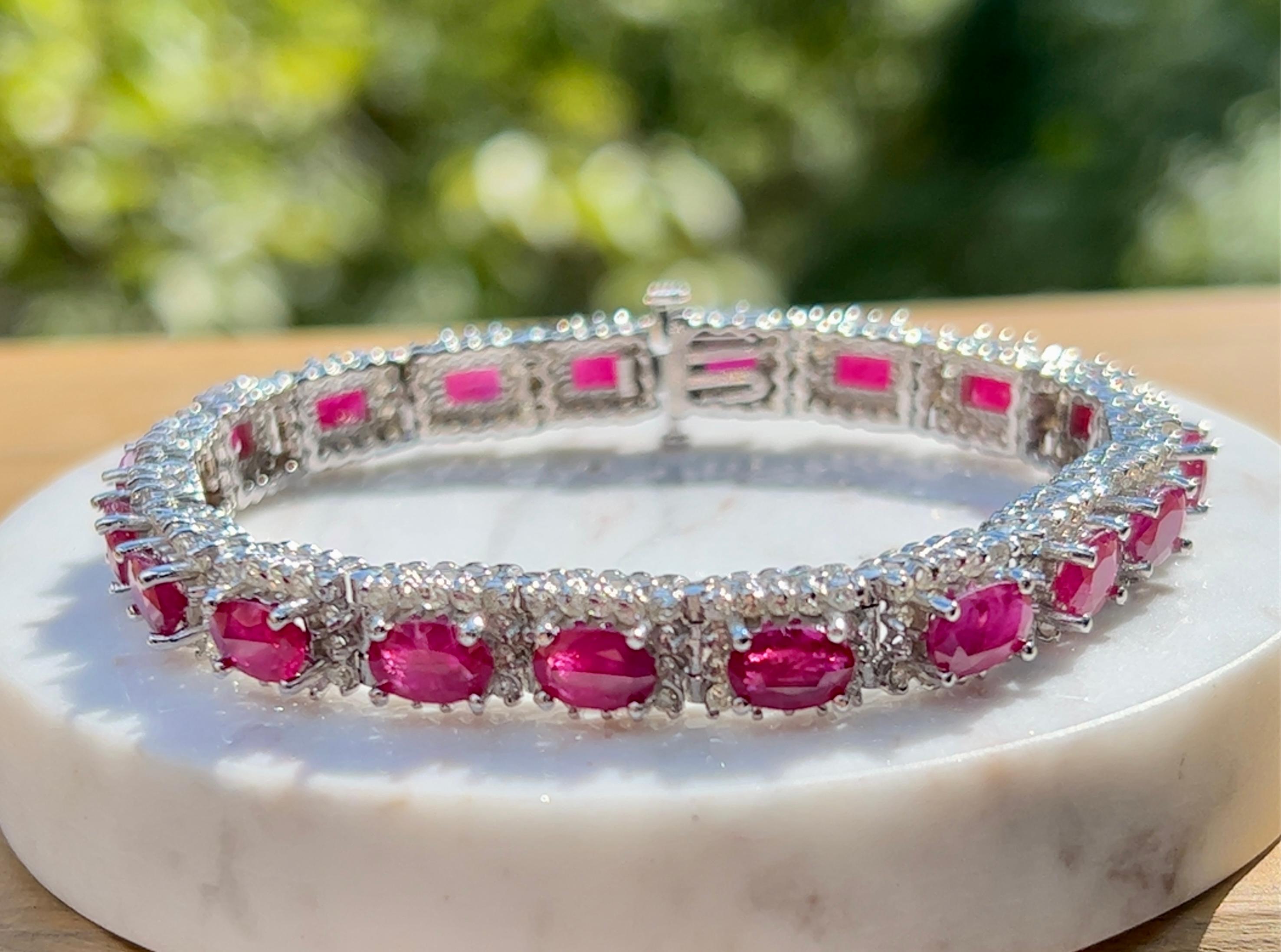 Women's Contemporary Ruby and Diamond Line Bracelet in 14K White Gold  For Sale