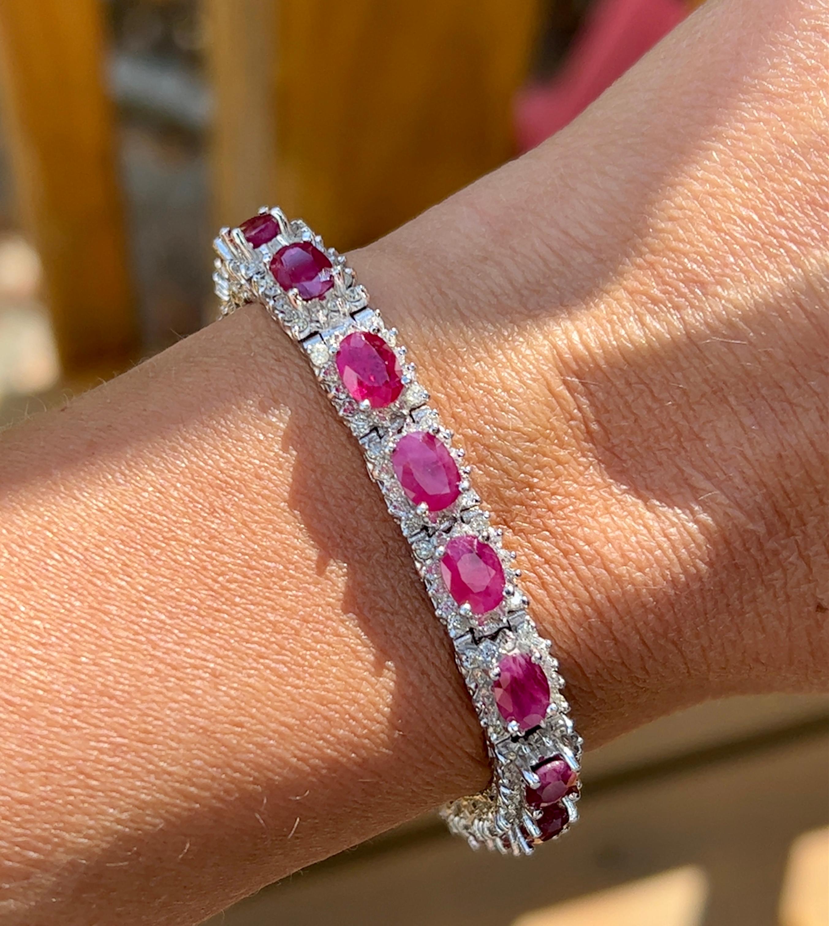 Contemporary Ruby and Diamond Line Bracelet in 14K White Gold  For Sale 2