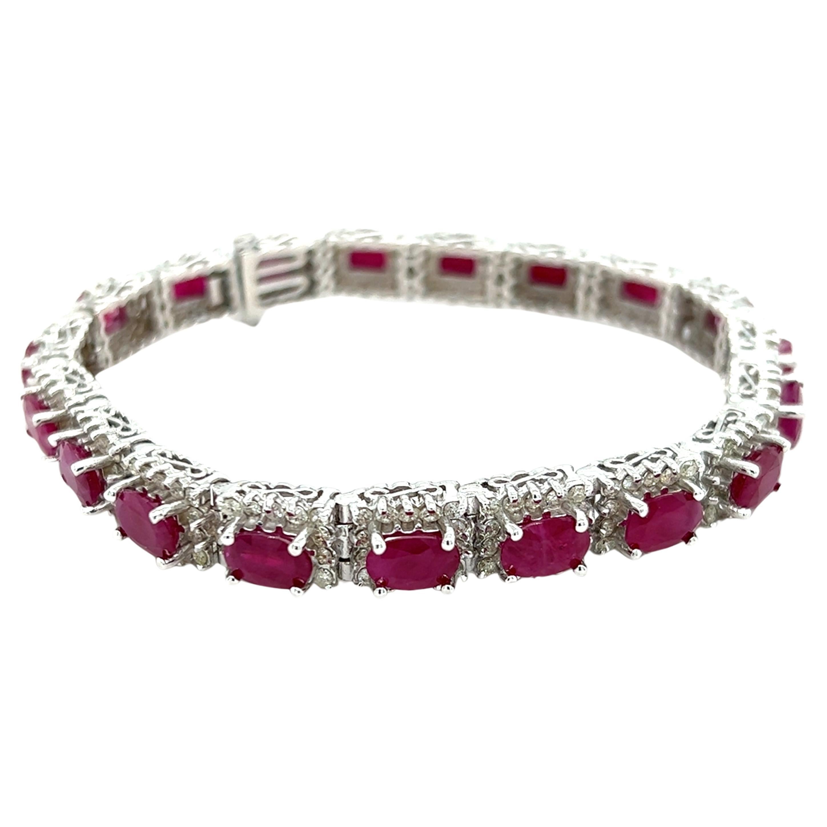 Contemporary Ruby and Diamond Line Bracelet in 14K White Gold  For Sale