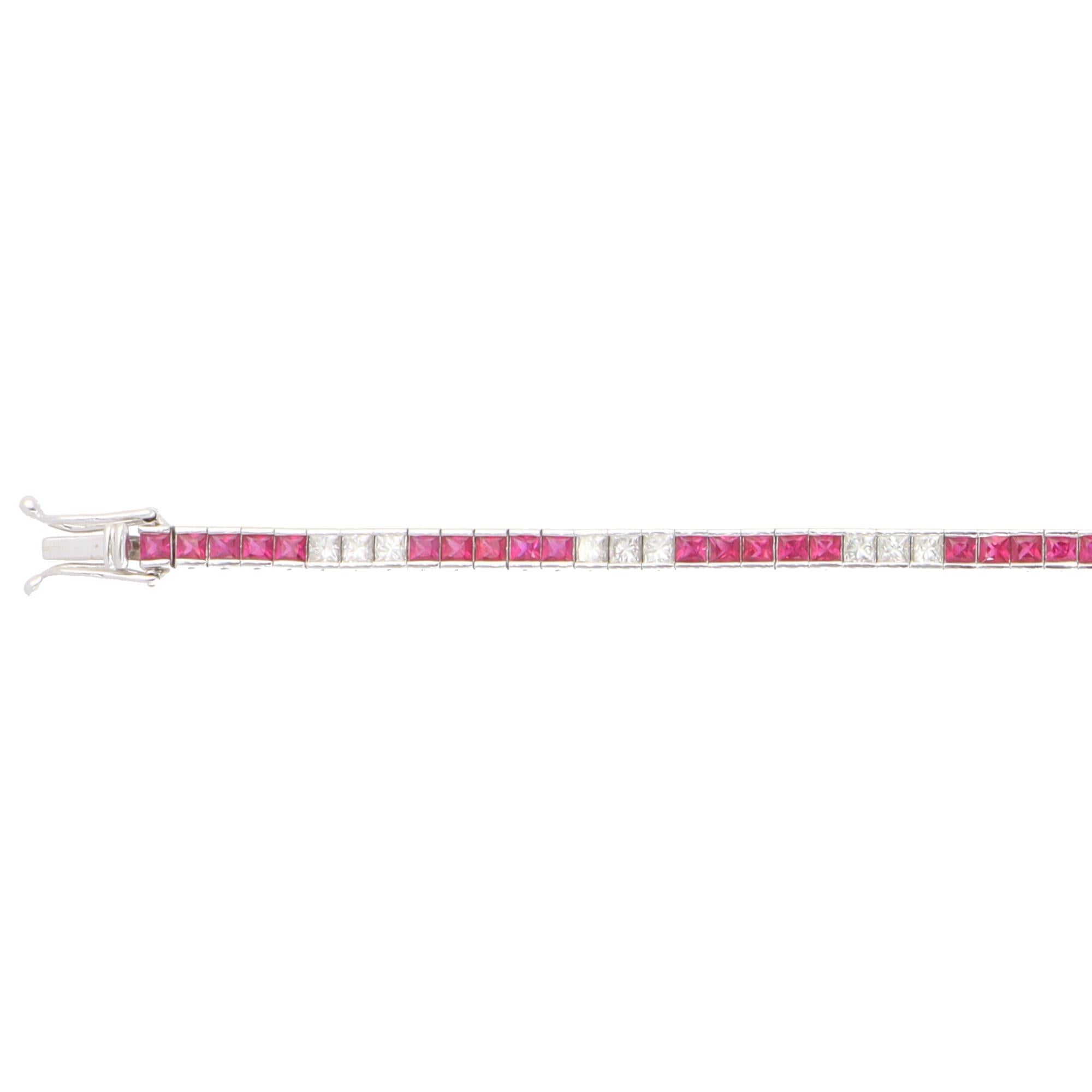 Square Cut Contemporary Ruby and Diamond Line Tennis Bracelet in White Gold For Sale