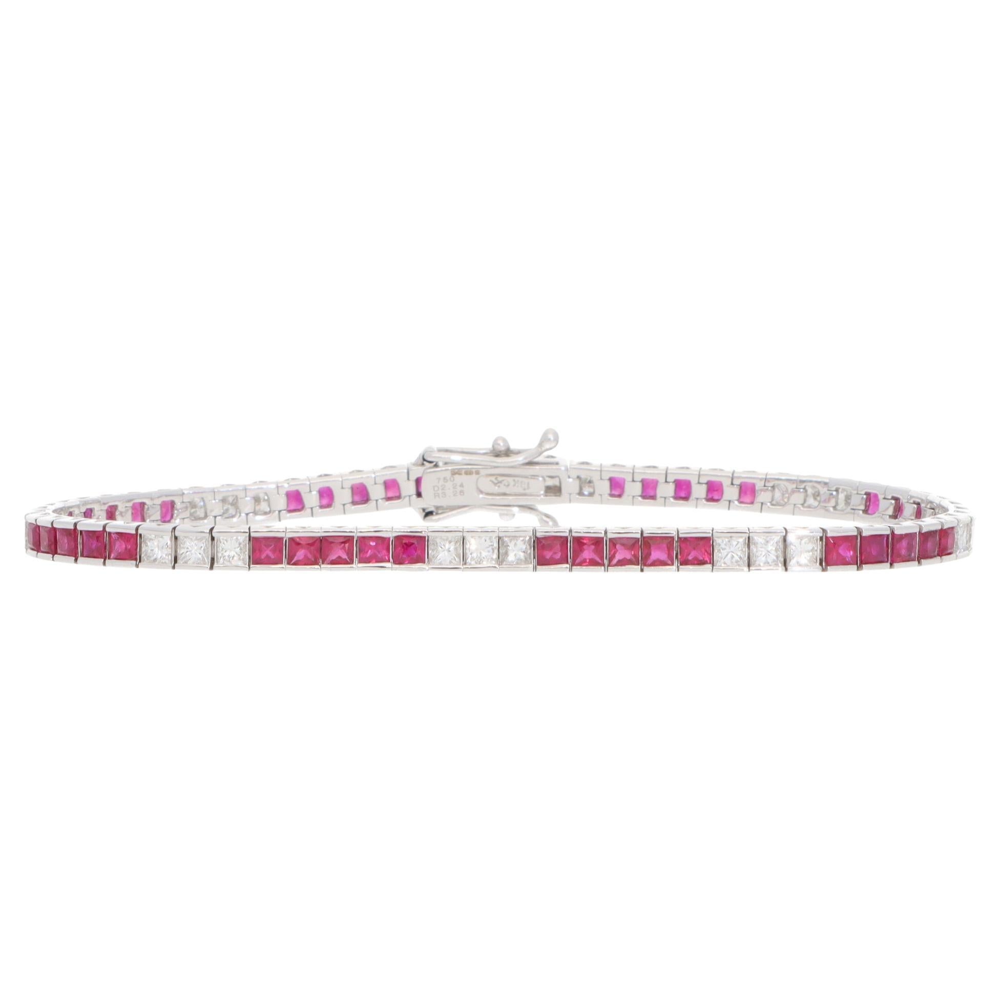 Contemporary Ruby and Diamond Line Tennis Bracelet in White Gold