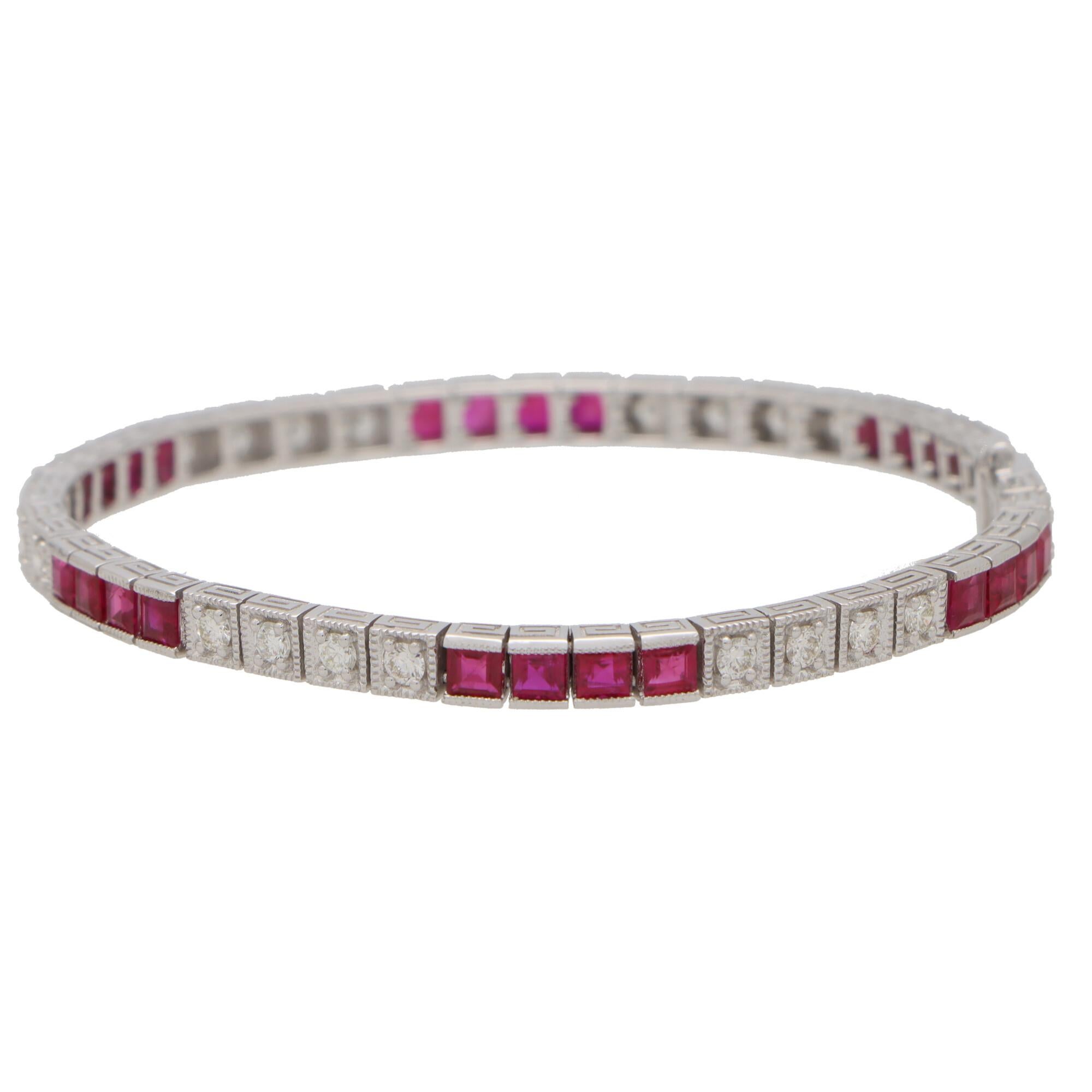 Modern Contemporary Ruby and Diamond Line Tennis Bracelet Set in 18k White Gold For Sale